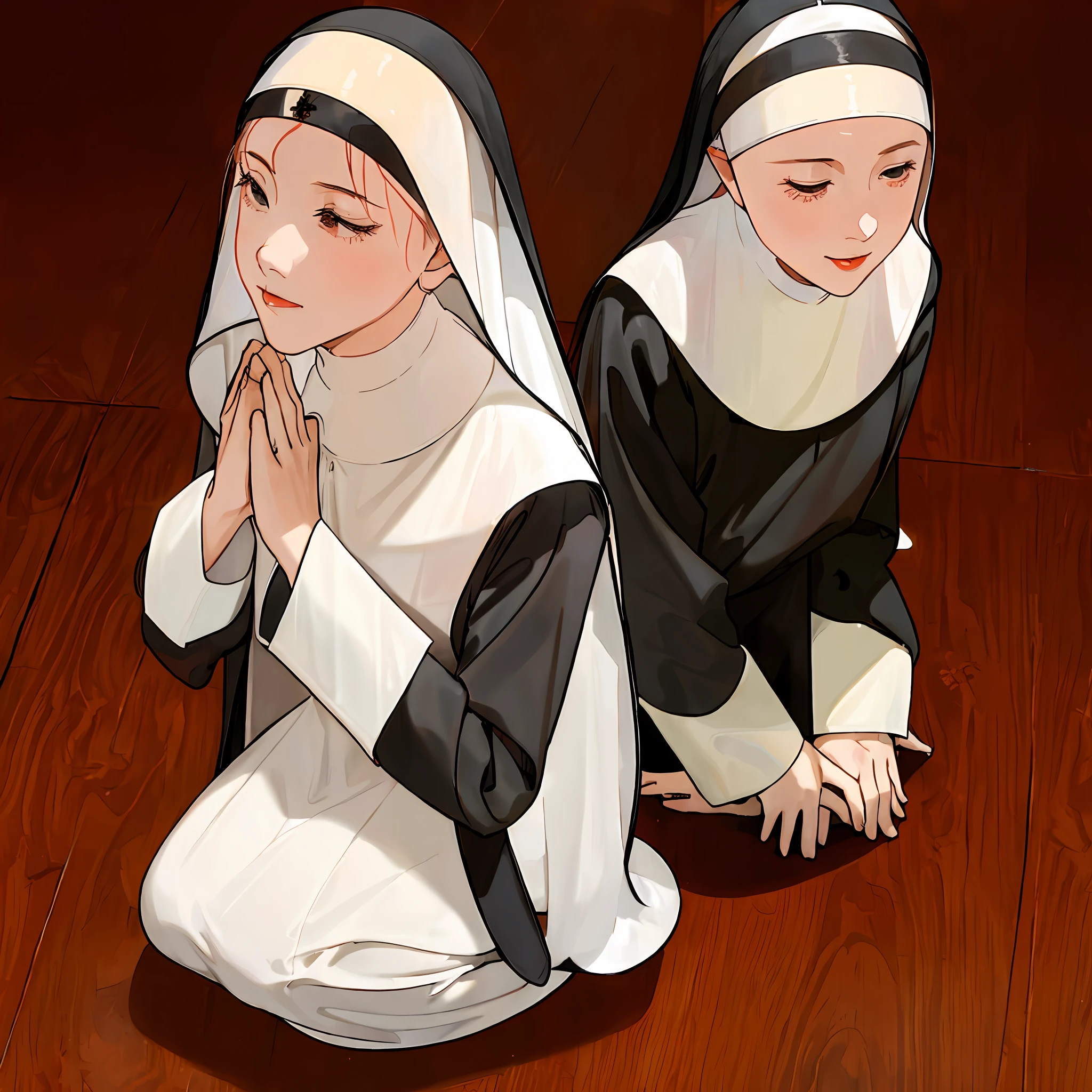 ((1 girl dressed as a nun)), with her hands in prayer position, full body,(((praying on her knees)))
Tight suit, ((pronounced neckline)), large tits, stunning body, pretty hands, well-made hands, marked, heavenly light, rosary