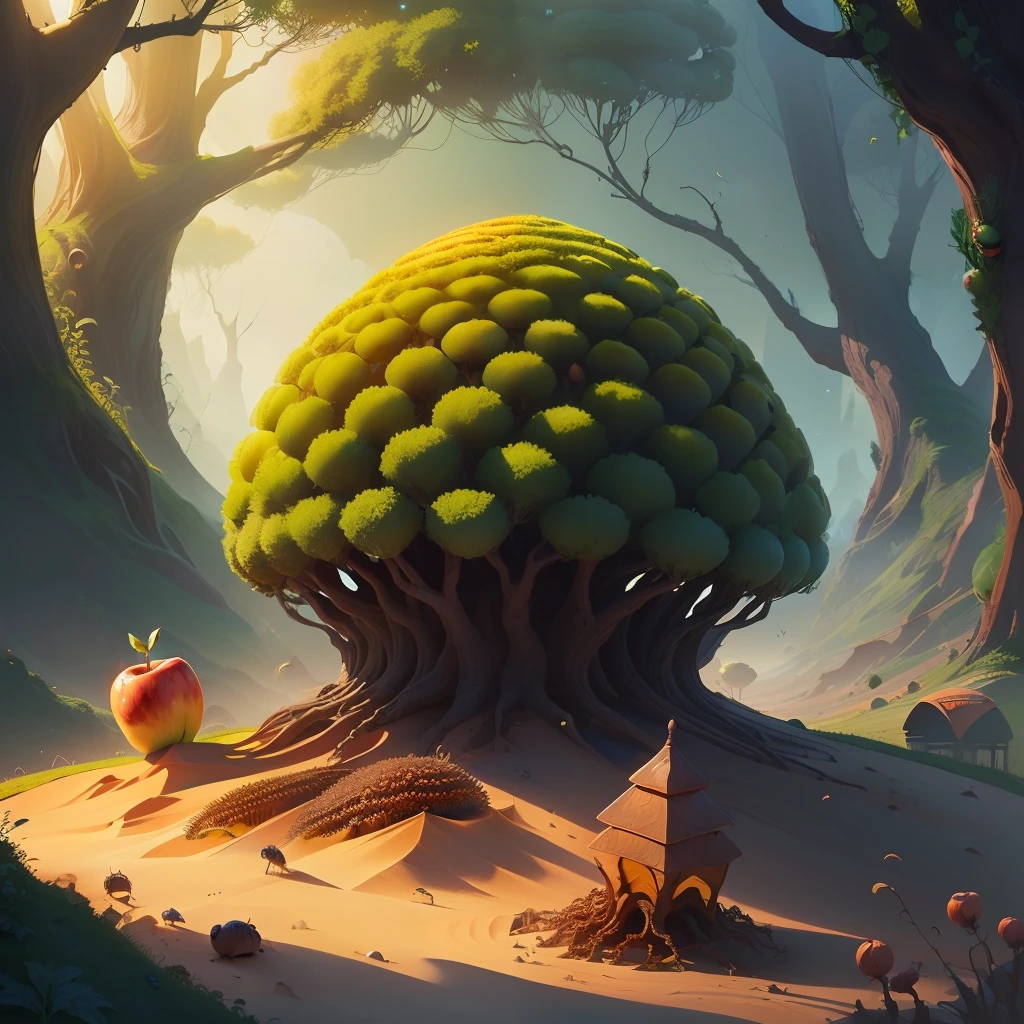 Anthill shaped like an apple, worm, insects, fantasy