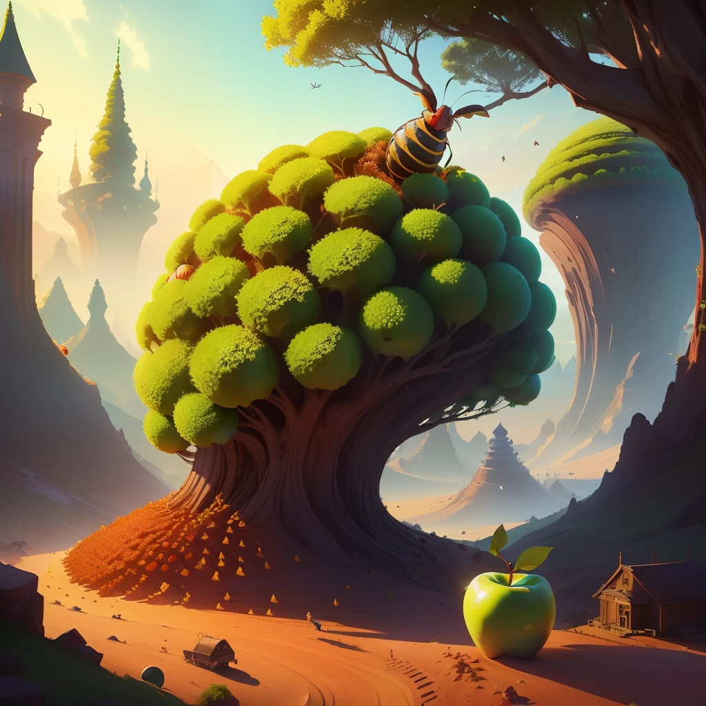 Anthill shaped like an apple, worm, insects, fantasy