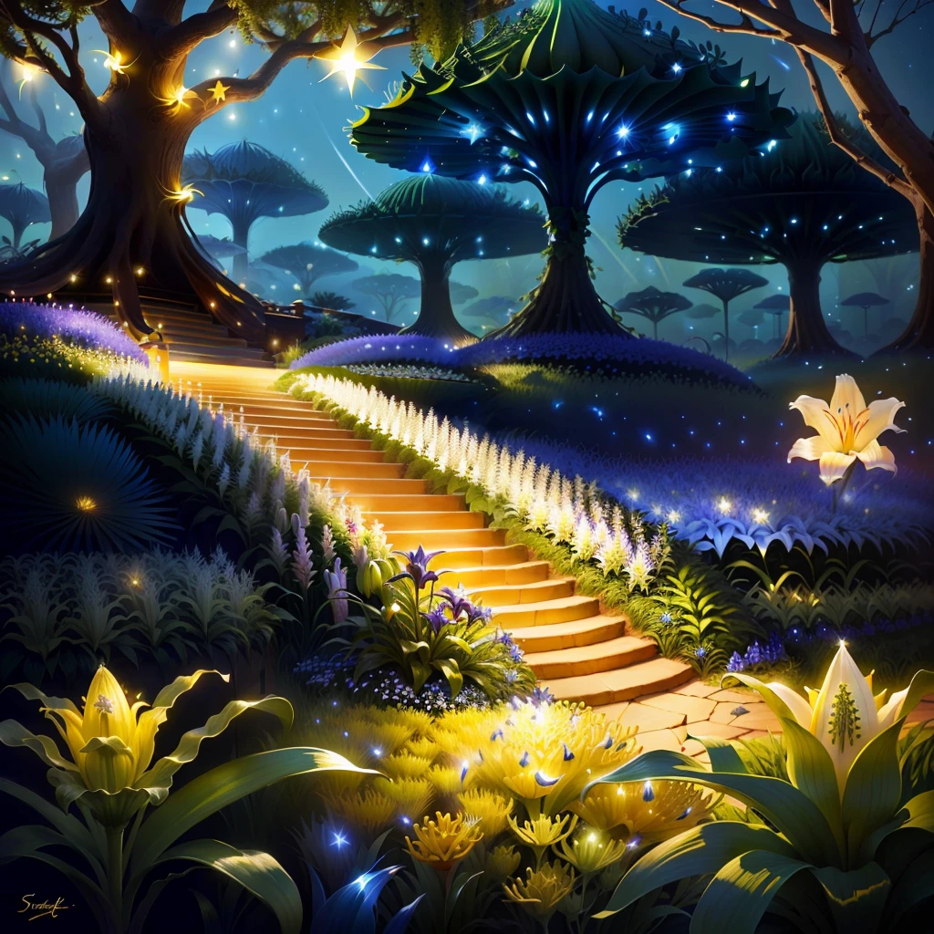 starfruit anthill, realistic, having the lilies next to the anthill, fireflies flying around the starfruit