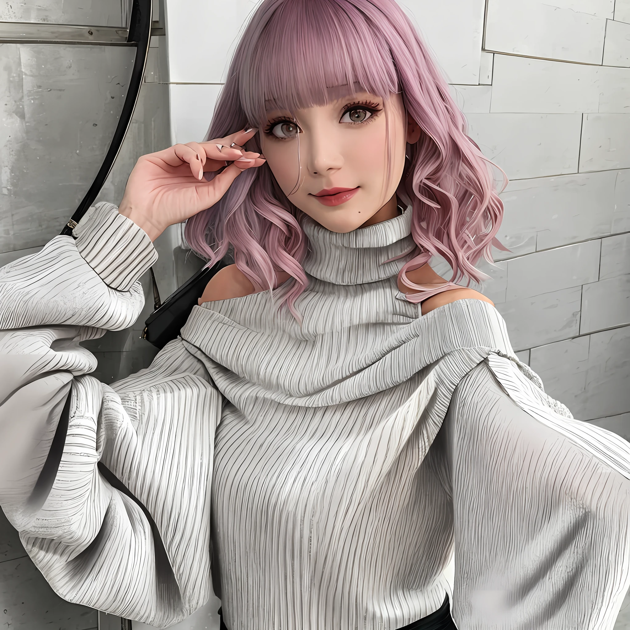 hair over one eye, sweater, short and long hair, turtleneck, pink hair, gray sweater, fingernails, cowboy shot, off shoulder, turtleneck sweater, long sleeves, bare shoulders, ribbed sweater, sleeves past wrists, bangs, arm behind back, purple eyes, hand up, sweater dress, BREAK, solo focus, looking at viewer, parted lips, 1girl, collarbone,