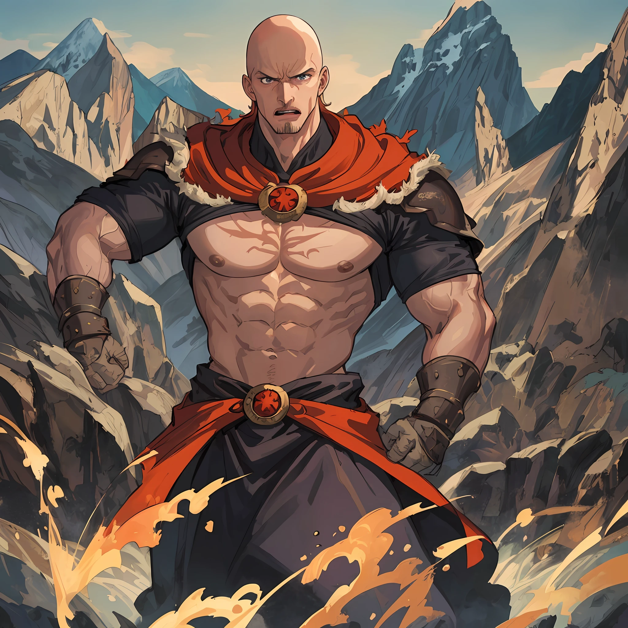 masterpiece, best quality, 1 man, bald, super big muscular like escanor the one, badass, fine eye detail, intricate detail, (style-pixiv:0.8), portrait, (vein on body:0.7 ), solo, full body shot, background detail, (mountain magma: 1.1) angry, dynamic pose, berseker, pentagram, shirtless, medieval, abyss of darkness in the background in background