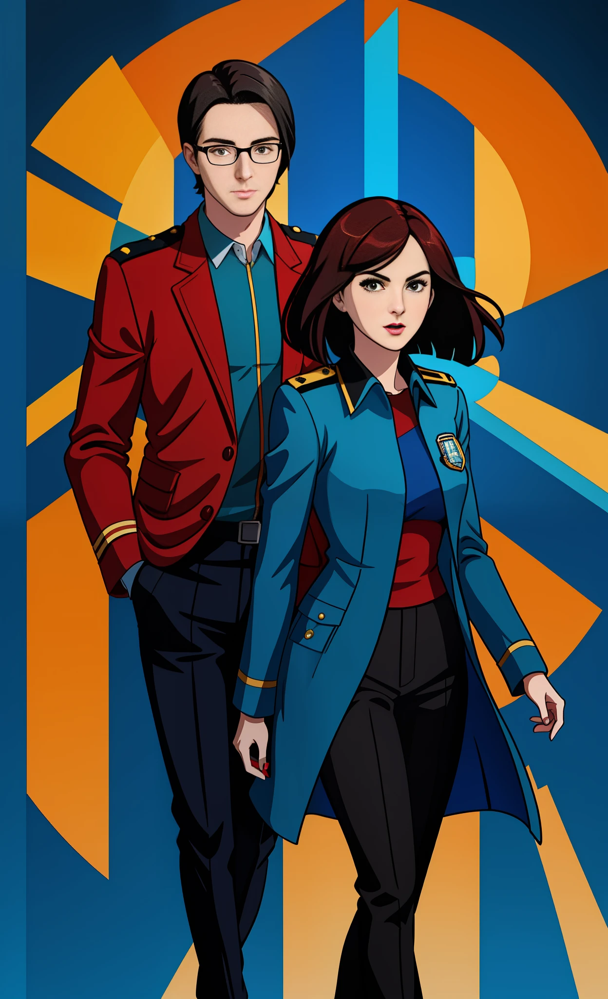 Michelle Dockery in a straight blue and red dress with dark hair with a bob haircut, Jason Butler Harner as a pilot in glasses with dark hair, a white shirt, a black jacket with yellow pilot stripes on the sleeves, a badge in the form of wings on the jacket, in black pants, background - turquoise, 2D style,