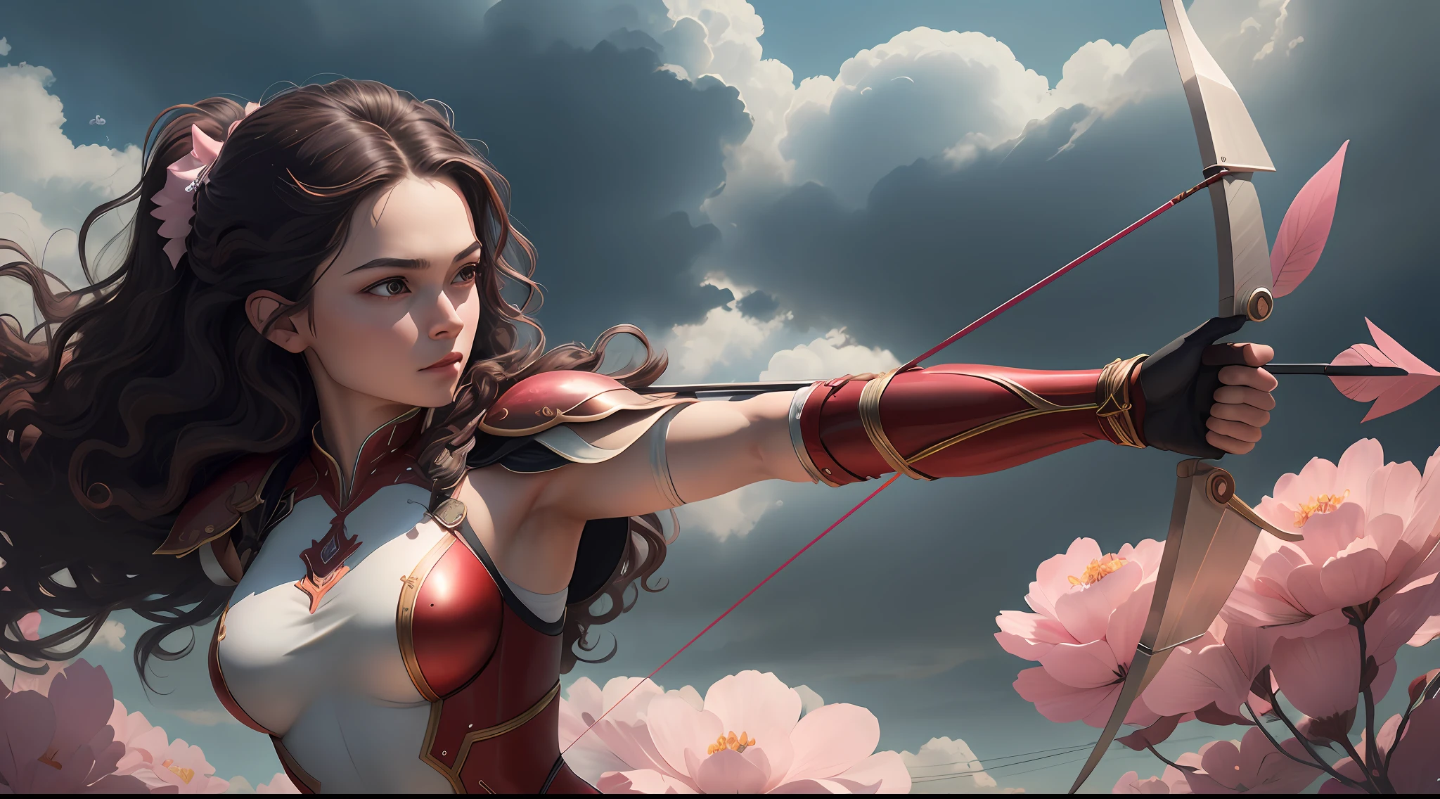 Ultra-detailed, realistic professional photos, full lens, full body, direct shot,
1 girl, red leather armor, (archer, holding a bow and arrow: 1.4), aiming at the distance, shooting arrows, haughty expression, looking into the distance,
Black hair, black eyes, pale skin, ((wavy hair): 1.05),
Flotation, archery, power pose, aura,
Floating in intricate detailed clouds, leaves: 1.1, (floating petals on background: 1.2), light stripes, cinematic lighting, side lighting, pink and dark blue clouds detailed background,
Beautiful, magical, dramatic, absurd,
8K, 4K, (High resolution:1.1), Best quality, (Masterpiece:1.3)