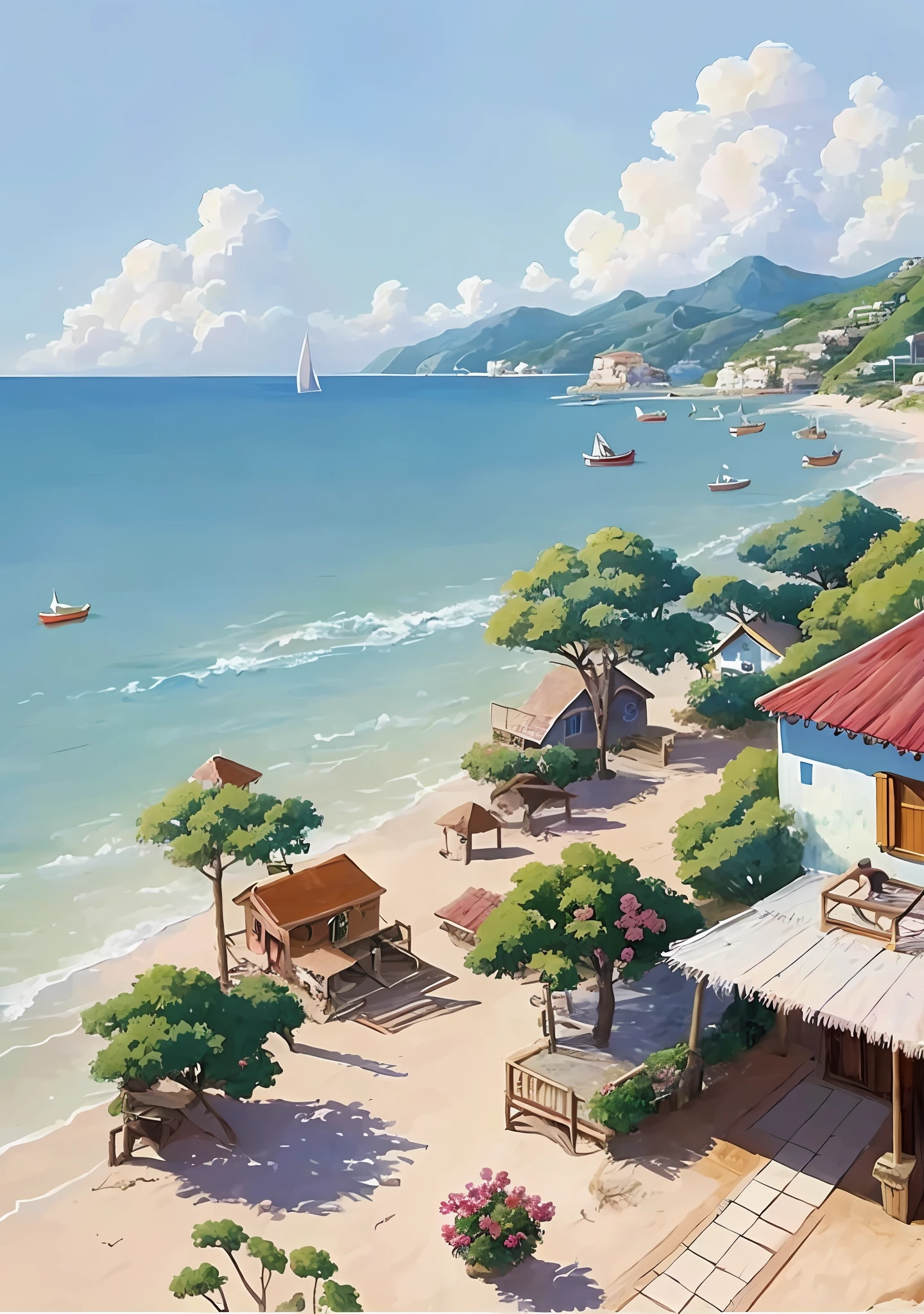 painting of a beach with a house and a boat in the water, scenery artwork, scenery art detailed, beautiful italian beach scene, beautiful anime scenery, beautiful anime scene, anime scenery, anime beautiful peace scene, beautiful painting, relaxing concept art, martin raphael lacoste, overlooking the beach, italian beach scene, beautiful digital painting, beautiful oil matte painting, by sung choi
