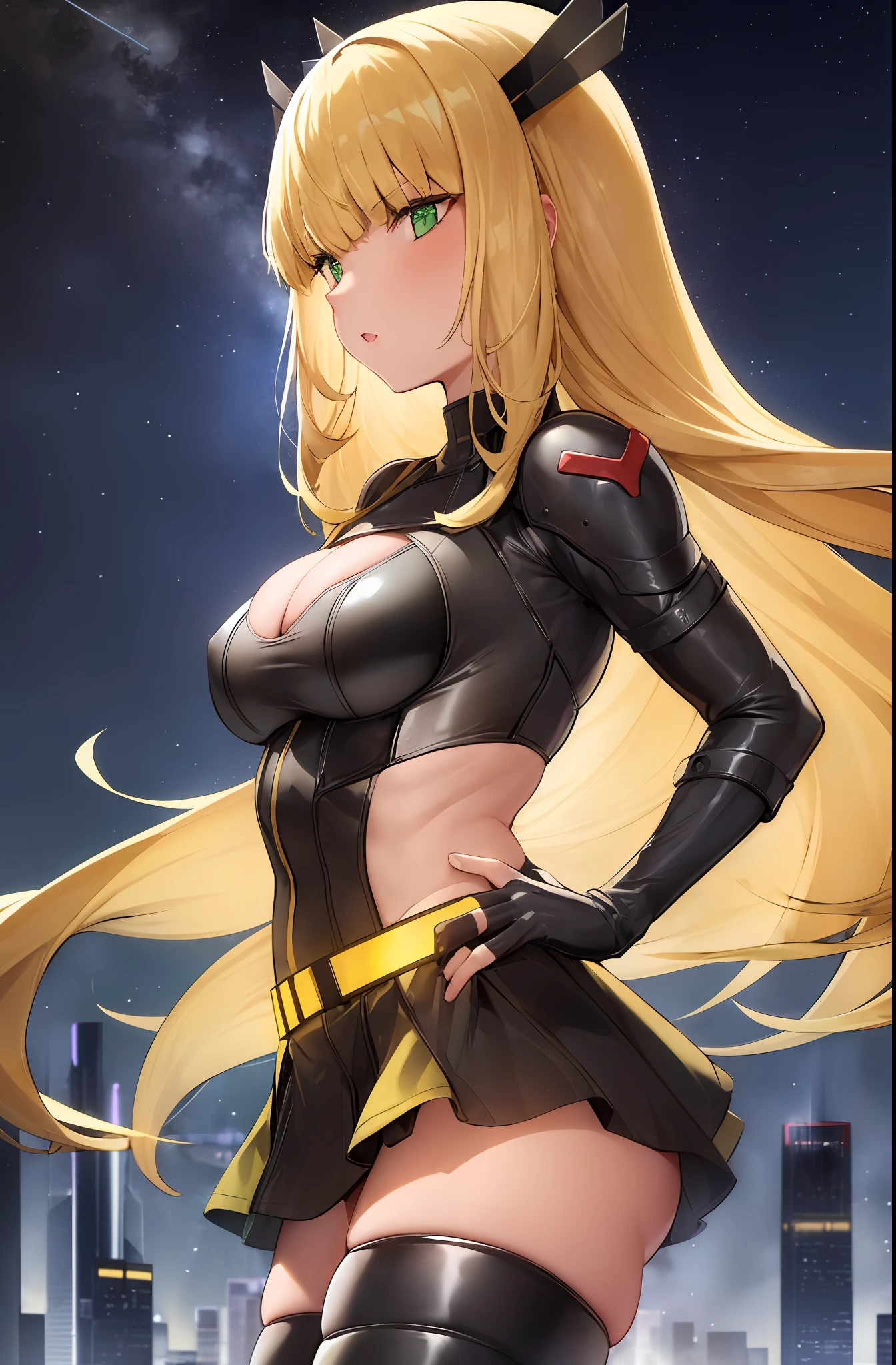 1girl (magik), absurdres, close up, masterpiece, green eyes, long blond hair with bangs, breasts, strong toned body, yellow and black costume showing shoulders, highres, (skirt), looking at the viewer, solo, night, starry sky, medium breasts, black shorts, fingerless gloves, dark background, (thighs), darkness, scenery, outdoor, (skyscrapers),