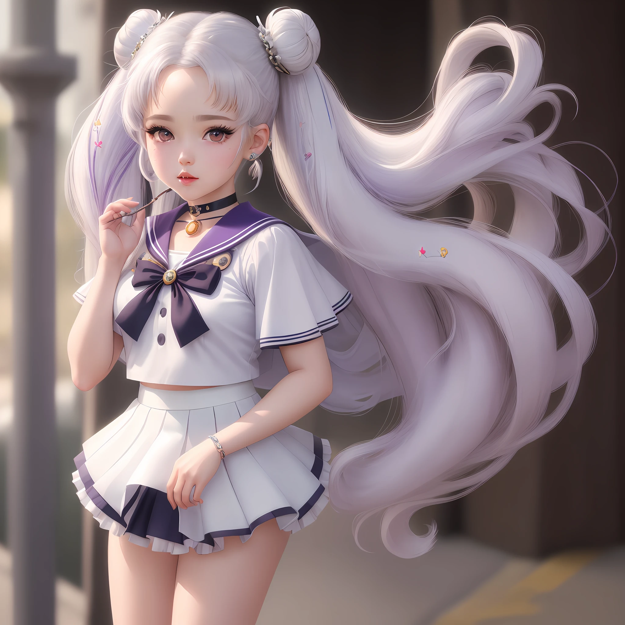 photorealistic, (hyperrealistic:1.2), (extremely detailed CG unity 8k wallpaper), (super detailed), mastery, best quality, 1girl, sailor cosmos, standing, cowboy shot, solo, long hair, skirt, hair ornament, twintails, accessories, Purple pupils, white hair, pleated skirt, earrings, choker, sailor collar, bun, cape, character name, bun, face print, white skirt, brooch, white sailor collar, hairpin, forehead mark, white choker, sailor senshi uniform, cane