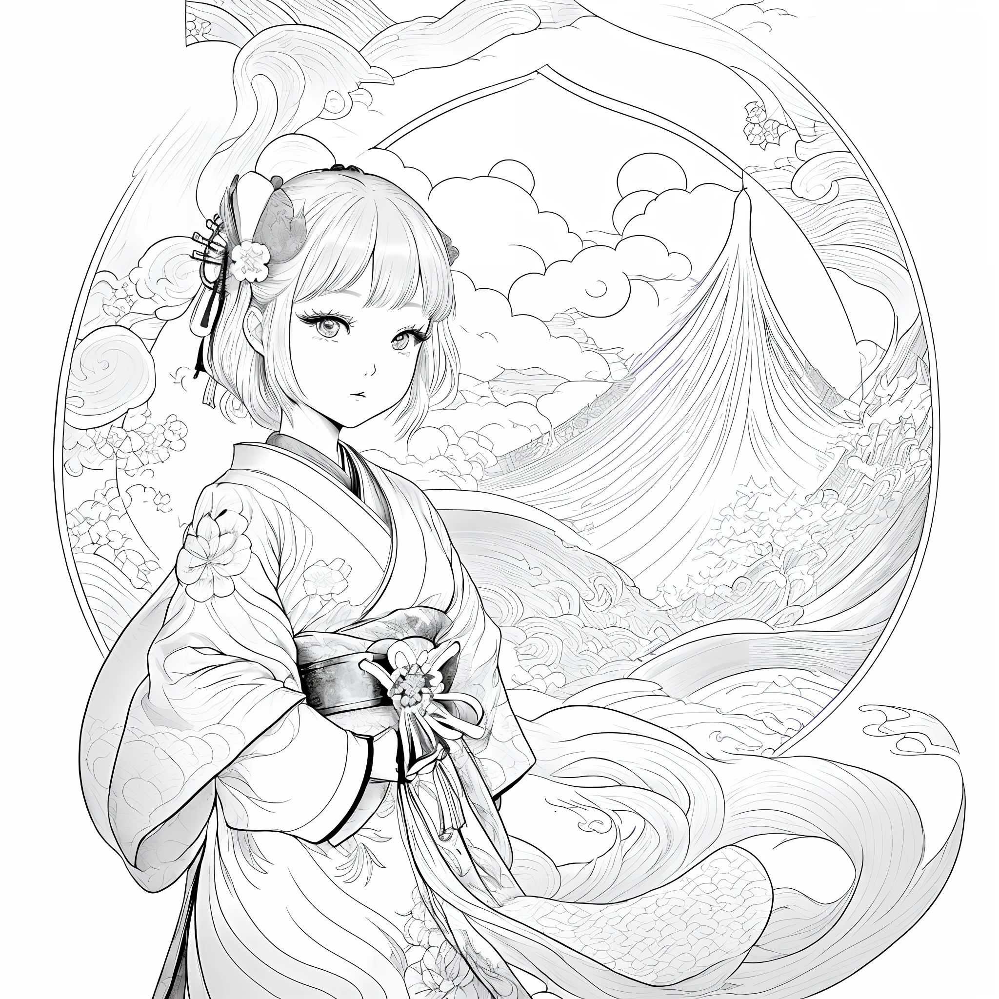 手绘艺伎 (hand-drawn geisha),纹理 (texture),线条描边 (line art),刀剑 (sword),日本传统纹饰 (traditional Japanese tattoo motifs),水墨画风格 (sumi-e style),神秘、浪漫、优美 (mysterious, romantic, beautiful),传统和现代结合的设计 (a design that combines traditional and modern elements),纹身流派 (tattoo style),纹身手稿 (tattoo design)
