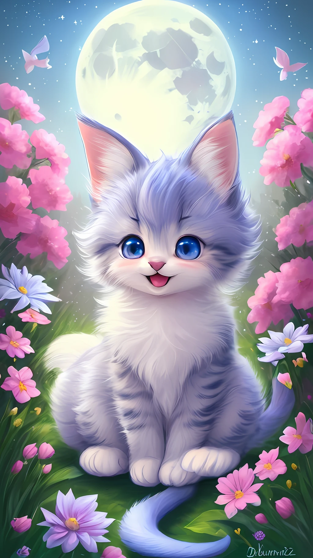 A kitten with a tiny tail, a small nose, small ears, blue eyes, pink background, flowers, vases, dreams, open mouth, smile, Caroline Chariot-Dayez pastels, tumblr, furry art, elokitty, Disney's Bambi cat, Disney's stylized furry, ears floating, fluffy tail, fluffy '', fluffy !!!, high resolution, furry art!!! The moon, small in size