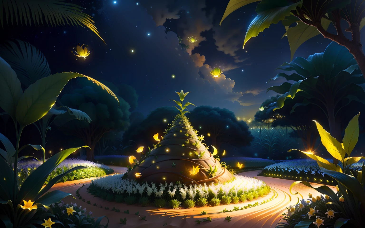 starfruit anthill, realistic, having the lilies next to the anthill, fireflies flying around the starfruit