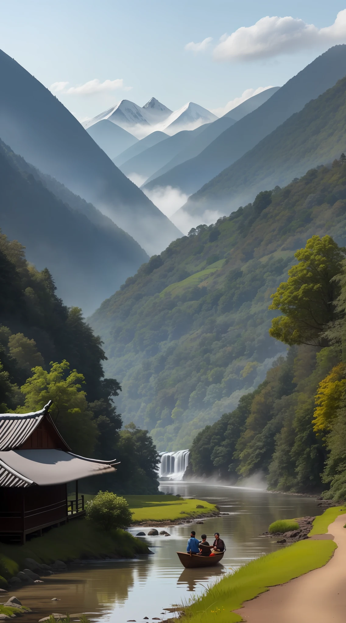 Super clear photo, sharp contrast, high saturation, in summer, there is a small stream nearby, there is a small wooden boat in the stream, the stream is very clear, the shore is green willows, green grass, and (sea of flowers: 1.8). The vista is a small village in ancient China with more than 10 huts, looming in the morning mist, surrounded by forests and connected to a stream by a small gravel road. (There is a waterfall behind the village: 1.9) and behind it there are many low hills that stretch into the distance. Far, far away on the skyline, there are (rolling snow-capped mountains in the distance: 1.8), blue sky in the distance, and one of the snowy mountains is particularly high.