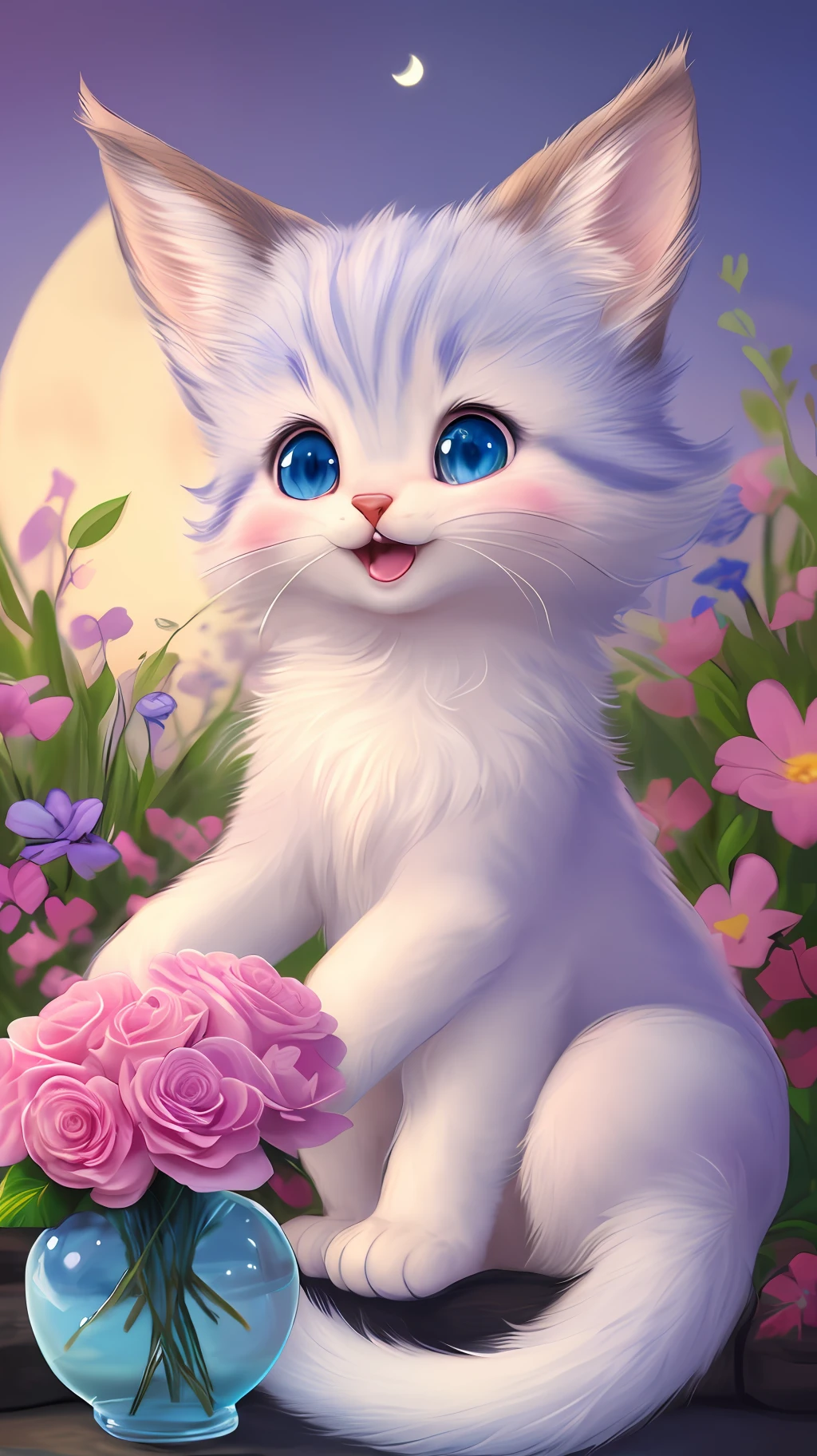 A kitten with a tiny tail, a small nose, small ears, blue eyes, pink background, flowers, vases, dreams, open mouth, smile, Caroline Chariot-Dayez pastels, tumblr, furry art, elokitty, Disney's Bambi cat, Disney's stylized furry, ears floating, fluffy tail, fluffy '', fluffy !!!, high resolution, furry art!!! The moon, small in size