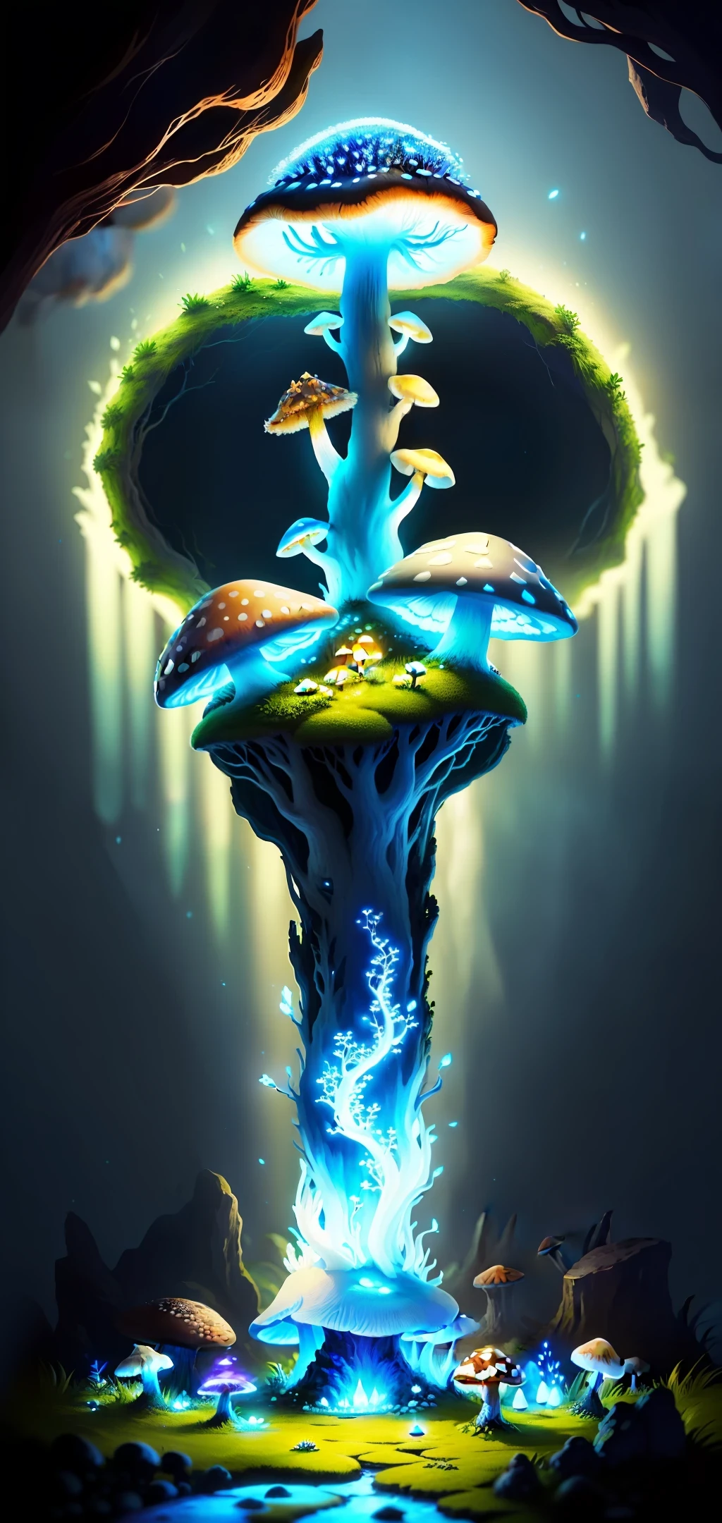 mushroom anthill, game design, many white mushrooms, cave, bioluminescent, fantasy, high quality,