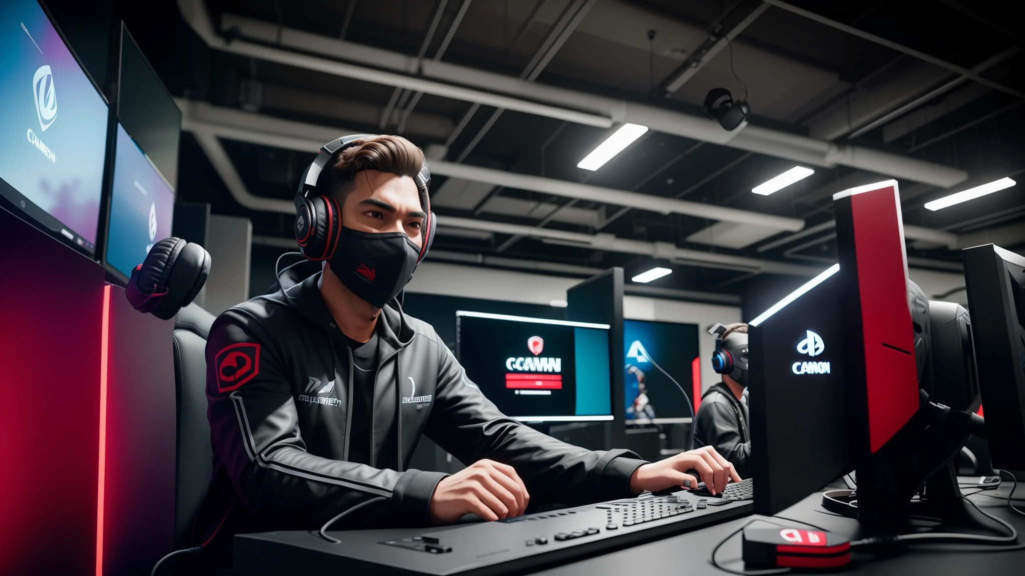 there is a man wearing a mask and headphones sitting at a computer, wearing a gaming headset, captured on canon eos r 6, wearing gaming headset, shot on canon eos r5, shot on canon eos r 5, valorant game style, gaming, e-sport style, esports, shot on sony a 7 iii, in game style 8k