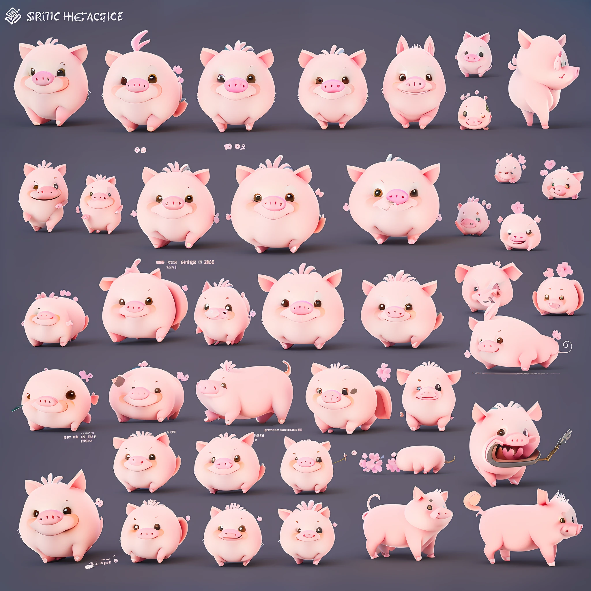 a close up of a bunch of pig characters with different expressions, pigs, pig pig pig, pig, game character design, psd spritesheet, game concept art sprite sheet, cute detailed digital art, isometric game asset, game asset, set of high quality hd sprites, 2d game asset, high quality character design, robotic pig, cartoon concept art