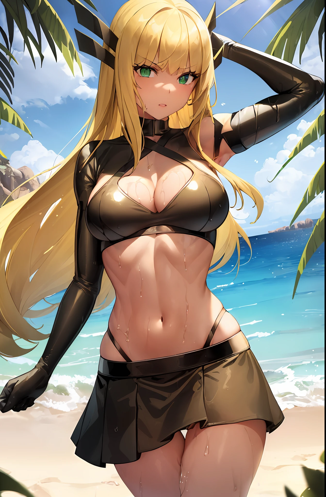 1girl (magik), absurdres, close up, masterpiece, green eyes, long blond hair with bangs, breasts, strong toned body, yellow and black bikini showing shoulders, highres, (skirt), looking at the viewer, solo, medium breasts, dark background, (thighs), sunny, wet, outdoor scenery, beach, sand