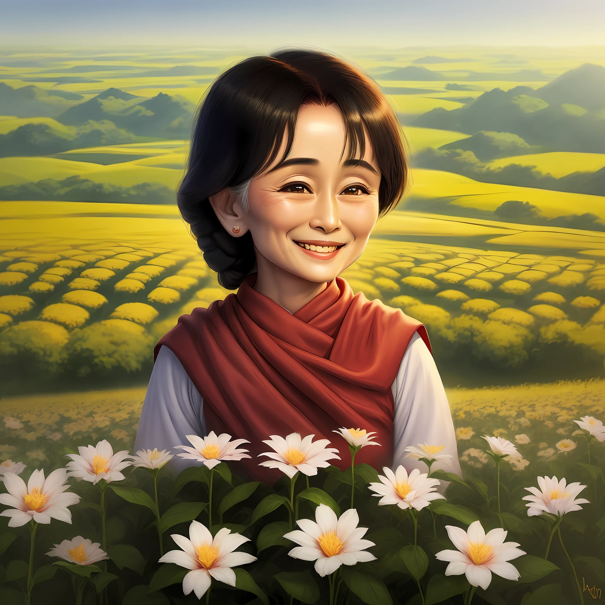 Draw Myanmar's democratic leader Aung San Suu Kyi smiling with a beautiful flower field background.