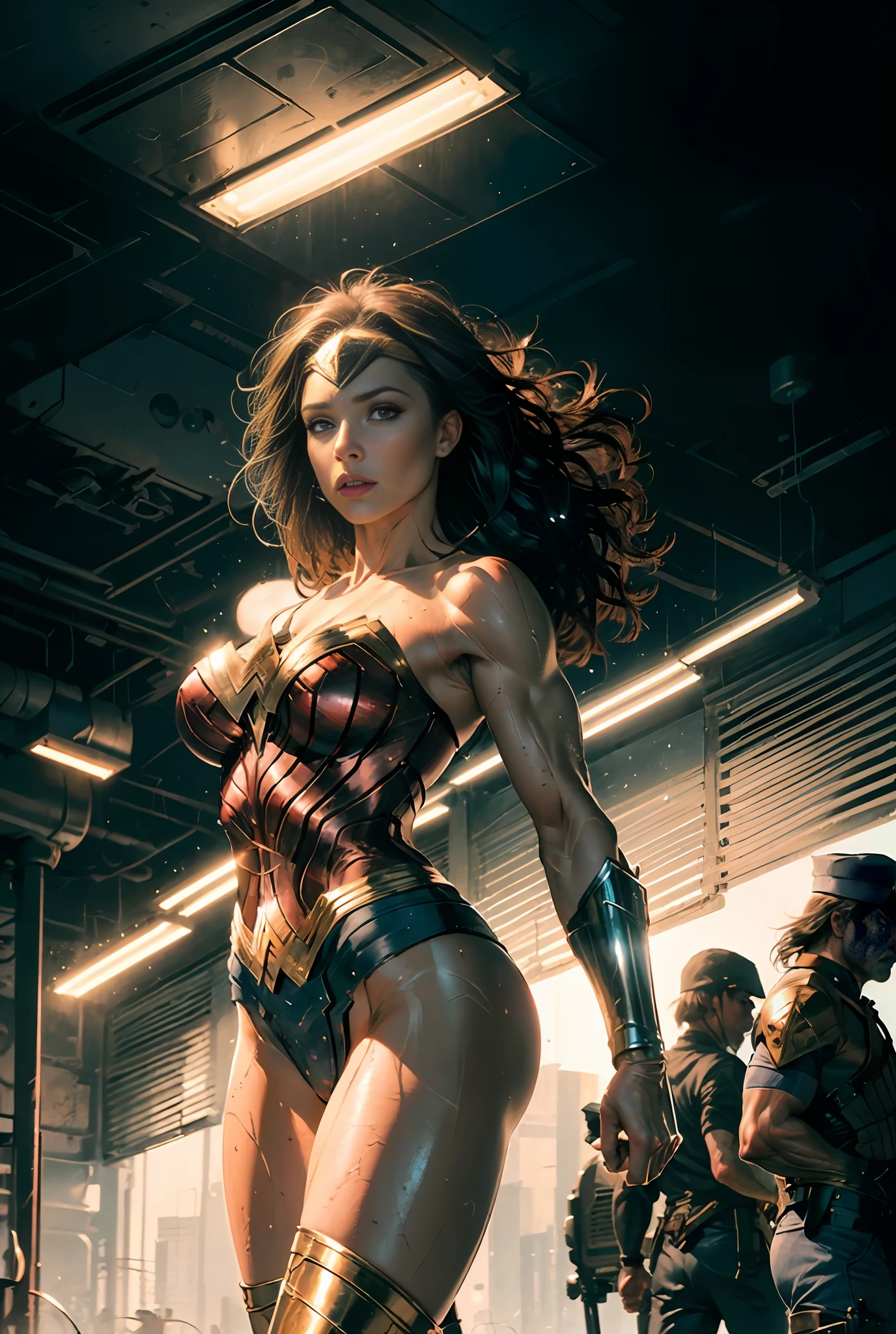 (Masterpiece, Top Quality),1girl ,{{Depth of field}}, Hyper detail, 1woman, (Victoria's Secret Model Wonder Woman), Single, Full Body, (Intricate Details, Makeup), (Delicate and beautiful delicate face, delicate and beautiful delicate eyes, face with perfect proportions), High-detail skin, delicate skin, Best proportions Four fingers and one thumb, strong and realistic blue eyes, realistic black hair, lips, makeup, natural skin texture, tiara, leotard, bulletproof cuffs, red boots, (public clothing:1.3), slightly sunburned, mature, sexy, elastic muscles, (muscles:1.3), ((strong and healthy body)), (((((more) muscles))), wet body, wet hair, long legs, curved, thick thighs, wide buttocks, thin legs, (big breasts: 1.2), thin waist, soft waist, (delicate skin), (wet body: 1.0), (beautiful and sexy woman), (swollen lips: 0.9), (eyelashes: 1.2), very delicate muscle definition, LED panel lights arranged in a square shape to mimic existing indoor fixtures, A dystopian ghetto controlled by local gangs armed with hacked police weapons such as EMP blasters and taser shotguns, ((top quality)), ((masterpiece)), ((realistic)), (detailed), cinematic lighting, complex, high detail, sharp focus,