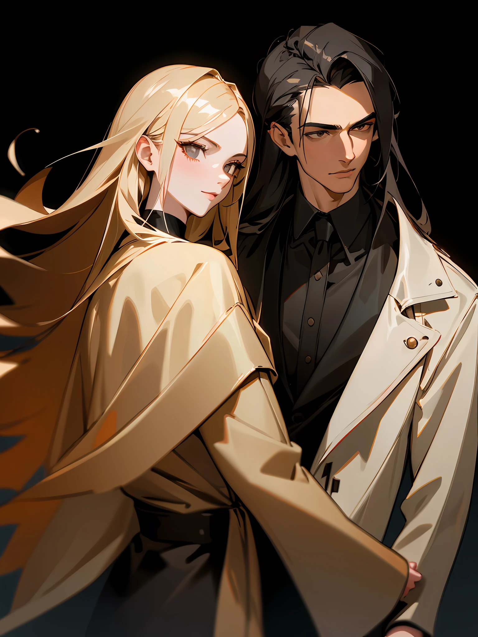 Masterpiece, Superb Clothing, (Illustration), ((2 People)), (Handsome Young Couple), (Russian Mill Style), Fashion, Leather Jacket, (Long Hair), (Happy), (White Skin), (Dark Circles), Handsome, Party, Toast, Trend, Dark Gray,, Close Up, (Grand Background), (Chiaroscuro)), Fine Face Detail, Facial Detail, Cinematic Lighting, (Depth of Field), UHD, (Upper Body), Black Background