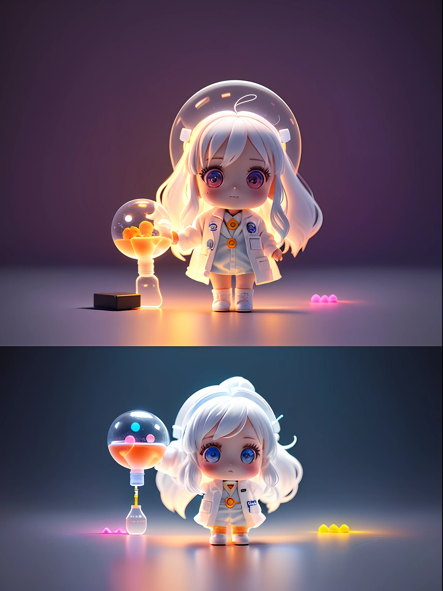 Super cute girl full body 3D drawing, 1 pcs, good looking eyes, big eyes, cute, happy, c4d, pop matt blind box, white long hair, glowing bubbles, toys, solid color background, chibi, fluorescent translucency, luminous body, kawaii, doll, ((((scientist, white lab coat)))), reference table, pop mart blind box, Pixar, complex details, 3d rendering, blender, OC renderer, fol body reference sheet, Dribble, High Details, 8K, Studio Lighting, , Petite, Child, Chibi, SD characters: 1.1, Magic Lab background