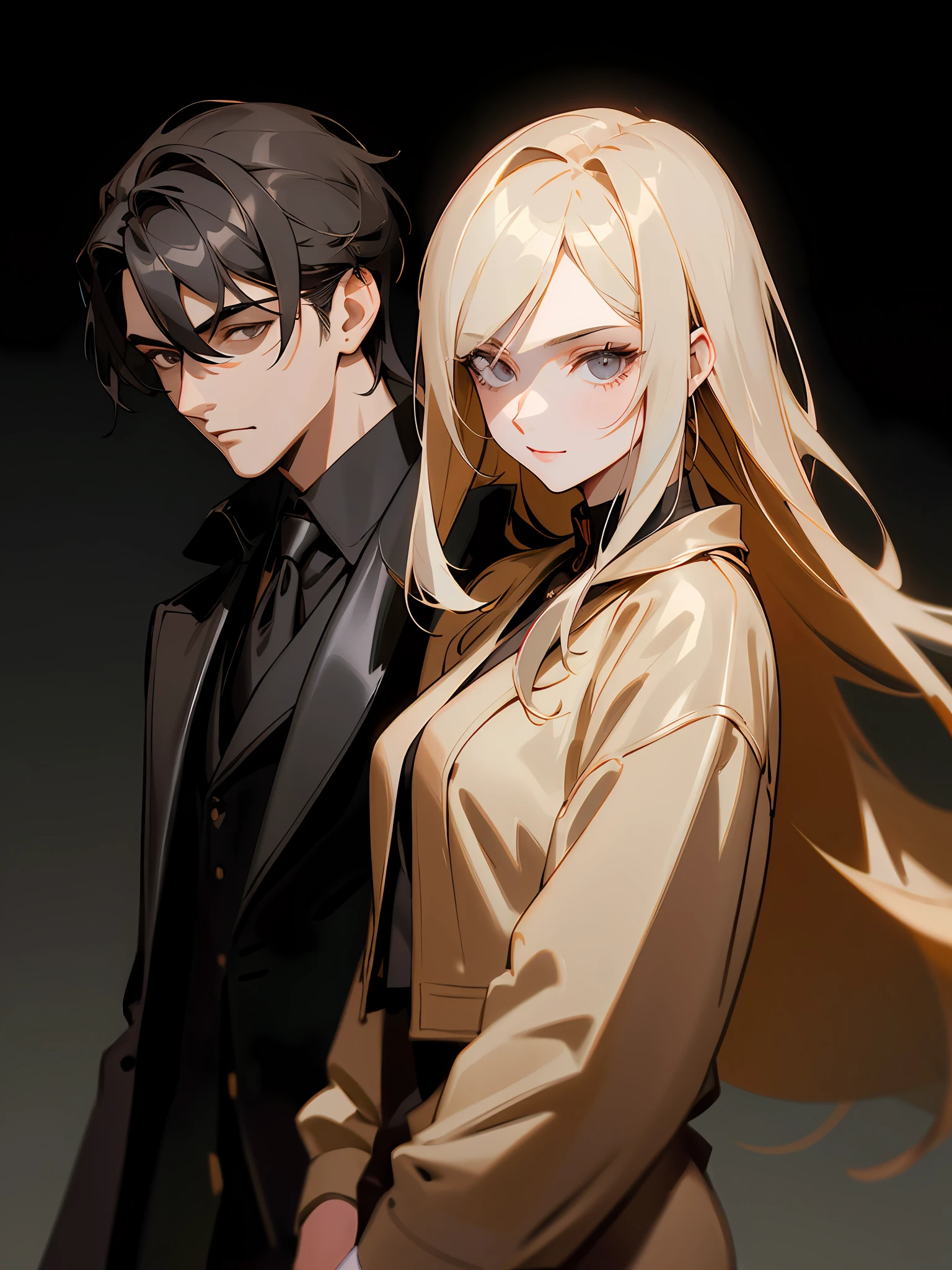 Masterpiece, Superb Clothing, (Illustration), ((2 People)), (Handsome Young Couple), (Russian Mill Style), Fashion, Leather Jacket, (Long Hair), (Happy), (White Skin), (Dark Circles), Handsome, Party, Toast, Trend, Dark Gray,, Close Up, (Grand Background), (Chiaroscuro)), Fine Face Detail, Facial Detail, Cinematic Lighting, (Depth of Field), UHD, (Upper Body), Black Background