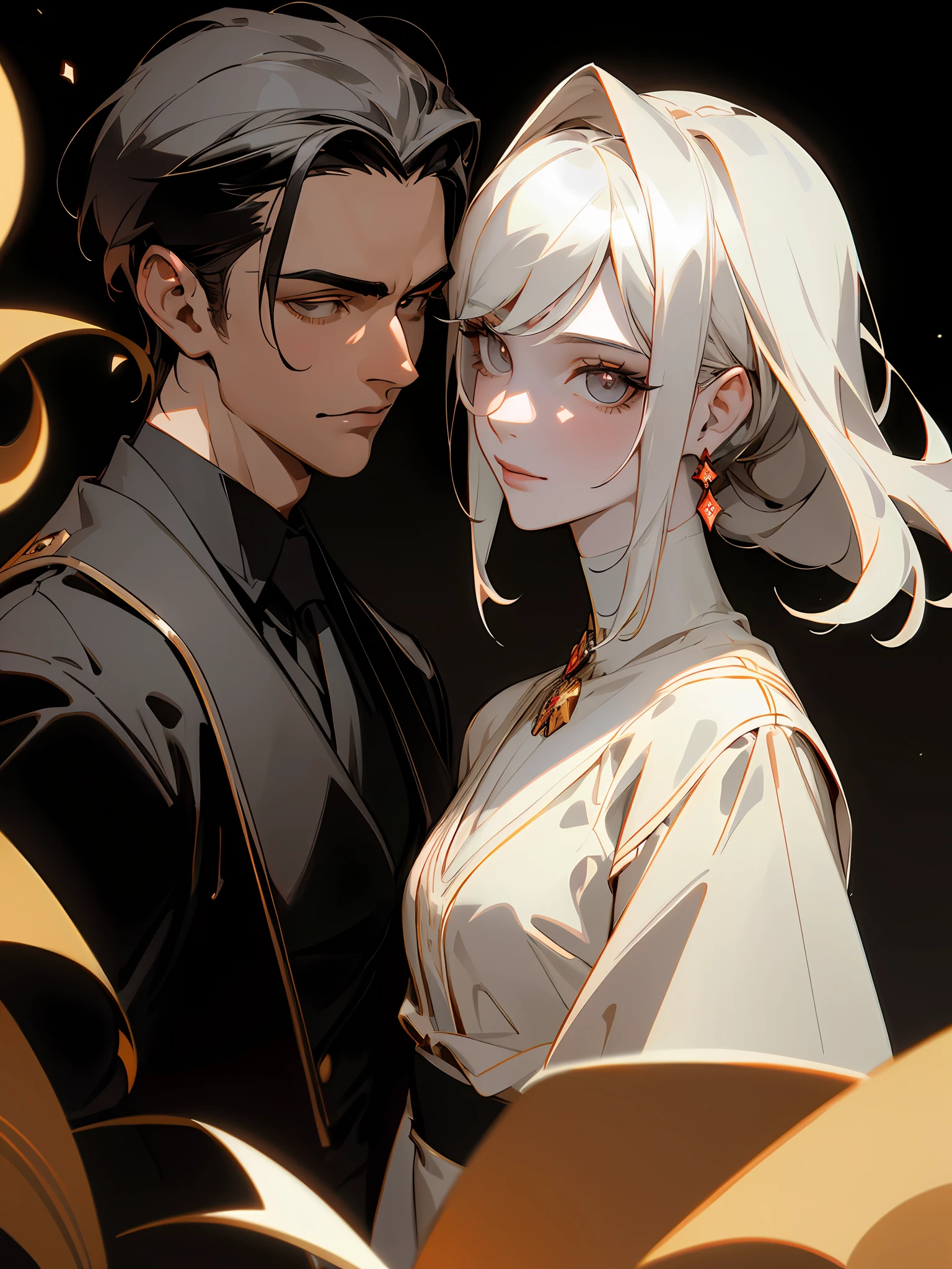 Masterpiece, Superb Clothing, (Fashion Clothing), (Illustration), ((2 People)), ((Handsome Young Couple), (Russian Mill Style), Fashion, Leather, (Happy), (White Skin), (Dark Circles), Handsome, Party, Toast, Trend, Dark Gray,, Close Up, (Grand Background), (Chiaroscuro)), Fine Face Details, Facial Details, Movie Lighting, (Depth of Field), UHD, (Upper Body), Black Background