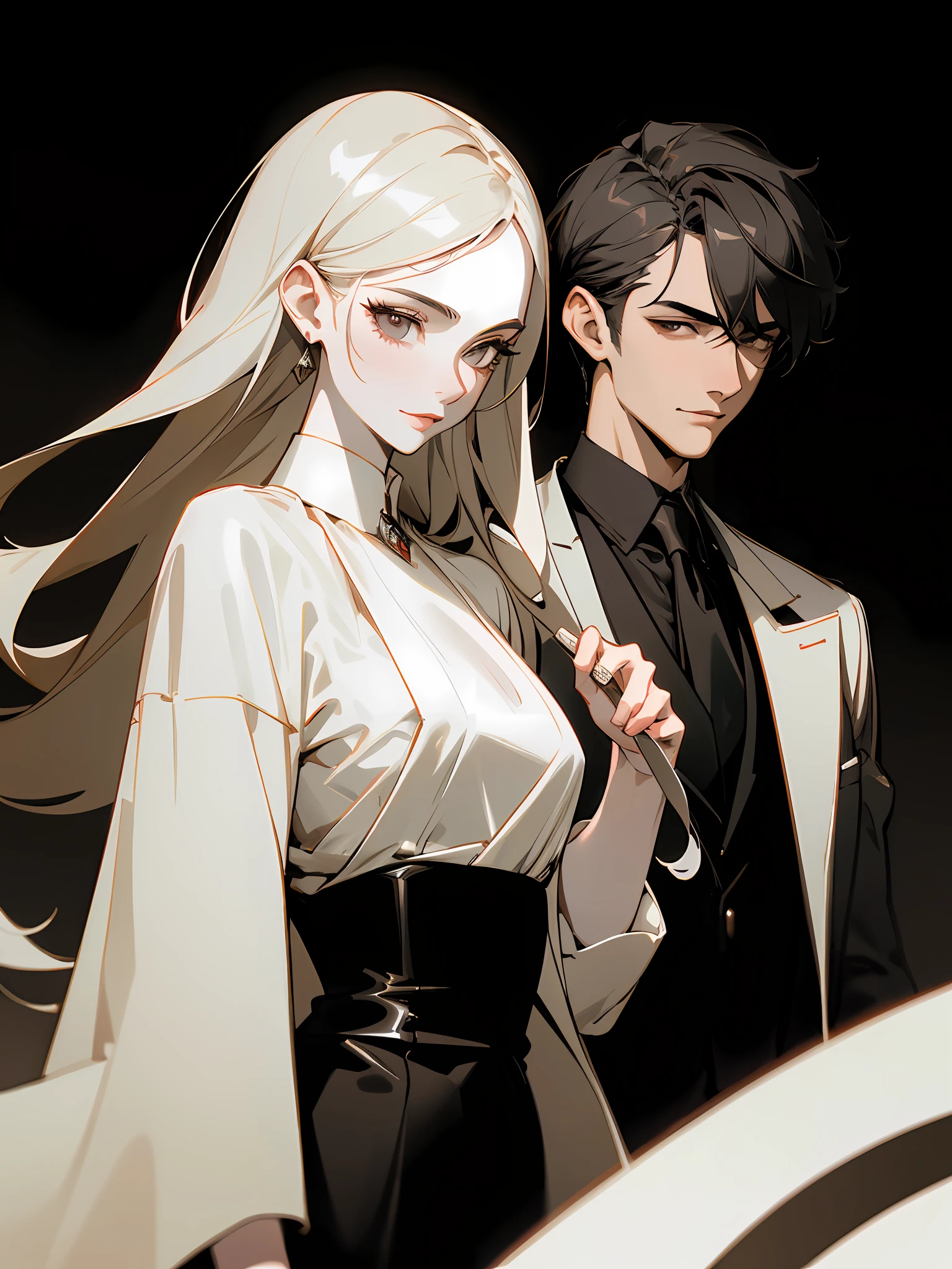 Masterpiece, Superb Clothing, (Fashion Clothing), (Illustration), ((2 People)), ((Handsome Young Couple), (Russian Mill Style), Fashion, Leather, (Happy), (White Skin), (Dark Circles), Handsome, Party, Toast, Trend, Dark Gray,, Close Up, (Grand Background), (Chiaroscuro)), Fine Face Details, Facial Details, Movie Lighting, (Depth of Field), UHD, (Upper Body), Black Background