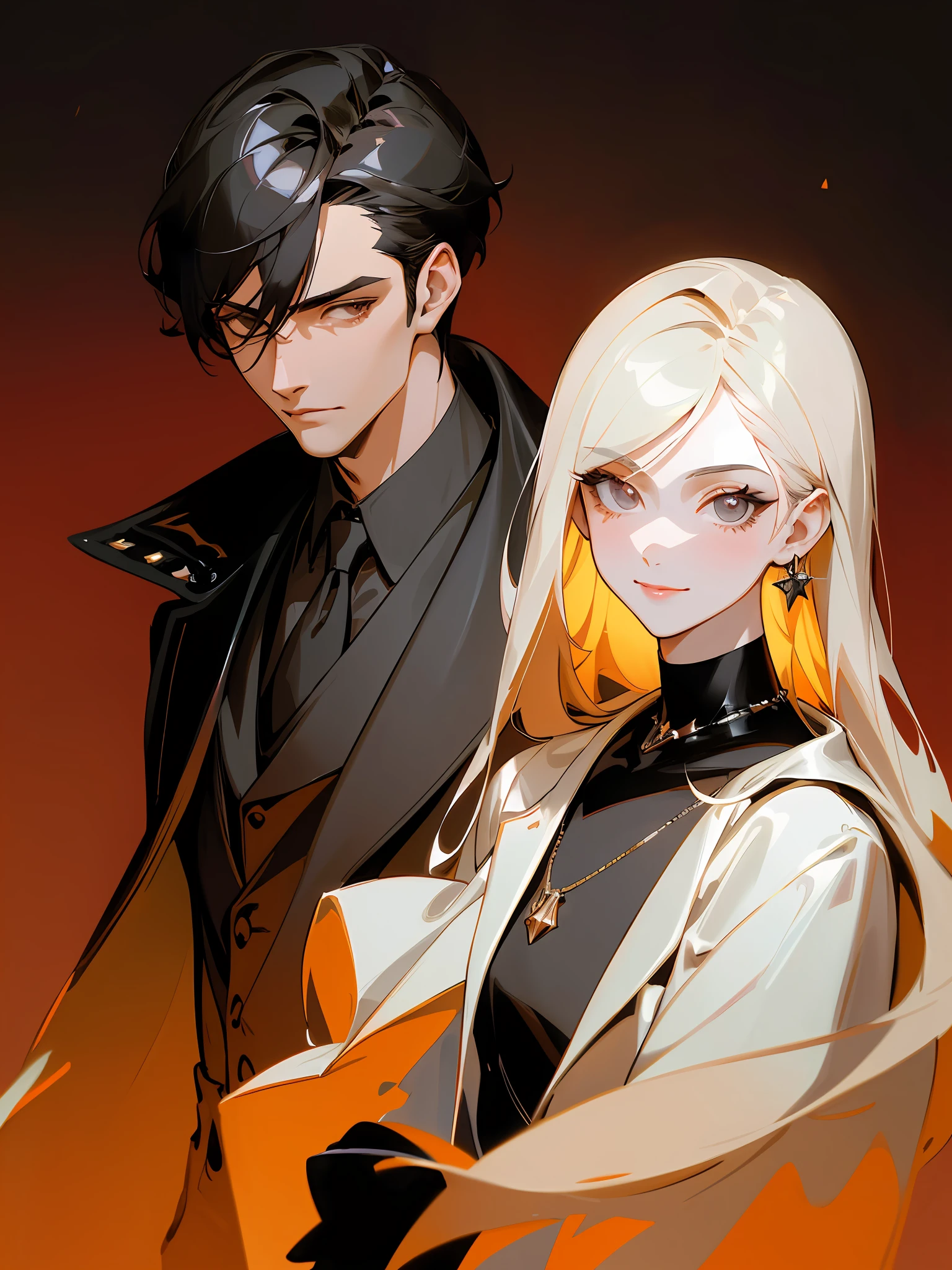 Masterpiece, Superb Clothing, (Trendy Clothing), (Illustration), ((2 People)), ((Handsome Young Couple), (Russian Mill Style), Fashion, Leather, (Happy), (White Skin), (Dark Circles), Handsome, Party, Toast, Trendy, Dark Gray,, Close Up, (Grand Background), (Chiaroscuro)), Fine Face Details, Facial Details, Cinematic Lighting, (Depth of Field), UHD, (Upper Body), Shiny Appearance Background