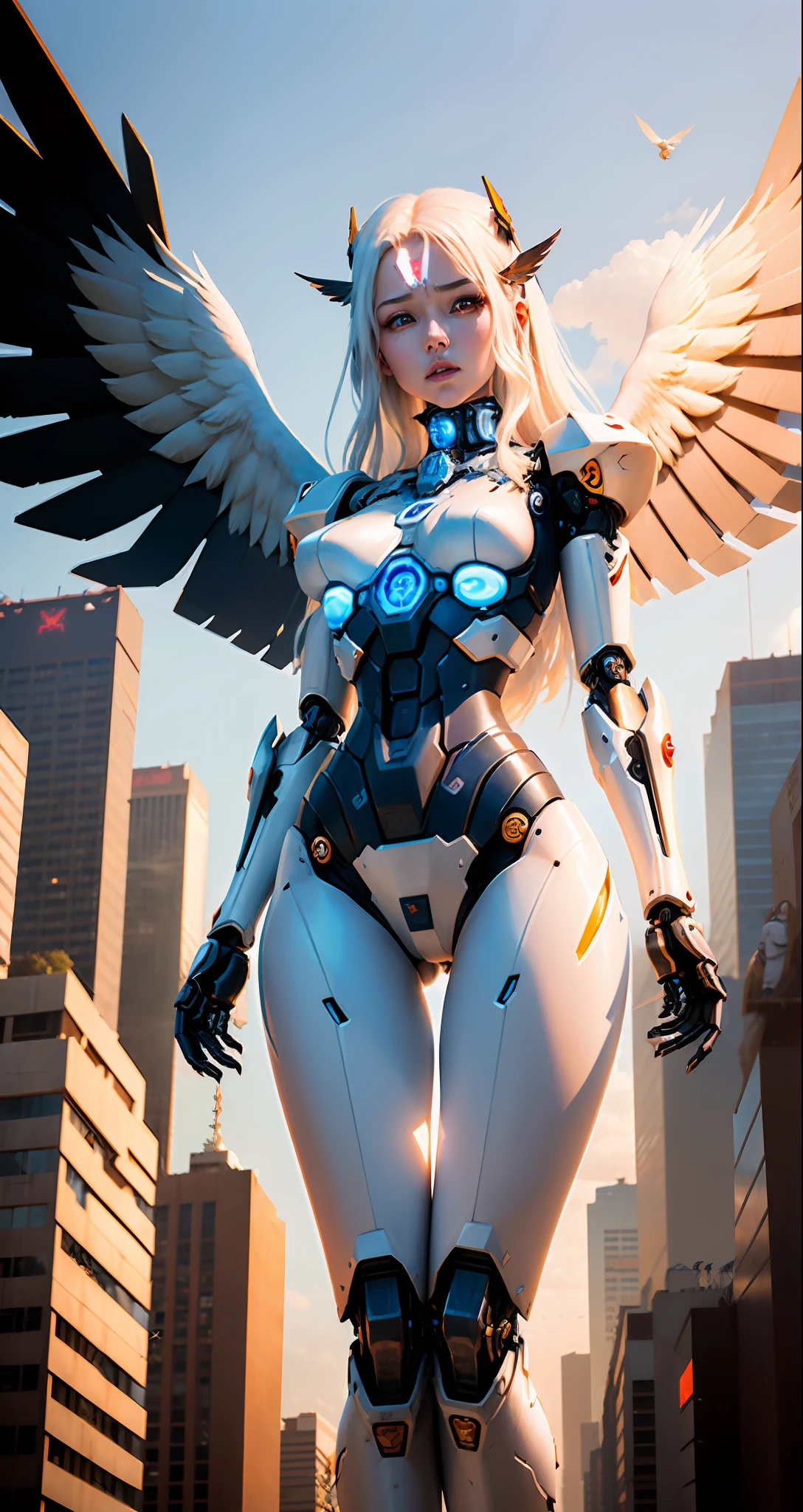 ((Mechanical Maiden, Invincible Mecha)), Armor-breaking Shocking Enemy, Long White Hair, Robotic Arm, Ceramic Exoskeleton, (Bird-like Wings: 1.4)(Mechanical Wings: 1.5)(Ceramic Exclusleton) (Eagle Wings), Exposed Thigh Gap, Slightly Convex Chest, Cyberworld Background, Extreme City Style, Translucent and Reflective Skin, The World's Best Image Quality in Ultra 8K, Unlimited Freedom to Show the Dynamic Posture of Mecha, Exquisite Facial Features, Surreal Feeling, (Realism) (Surrealism: 1.5)