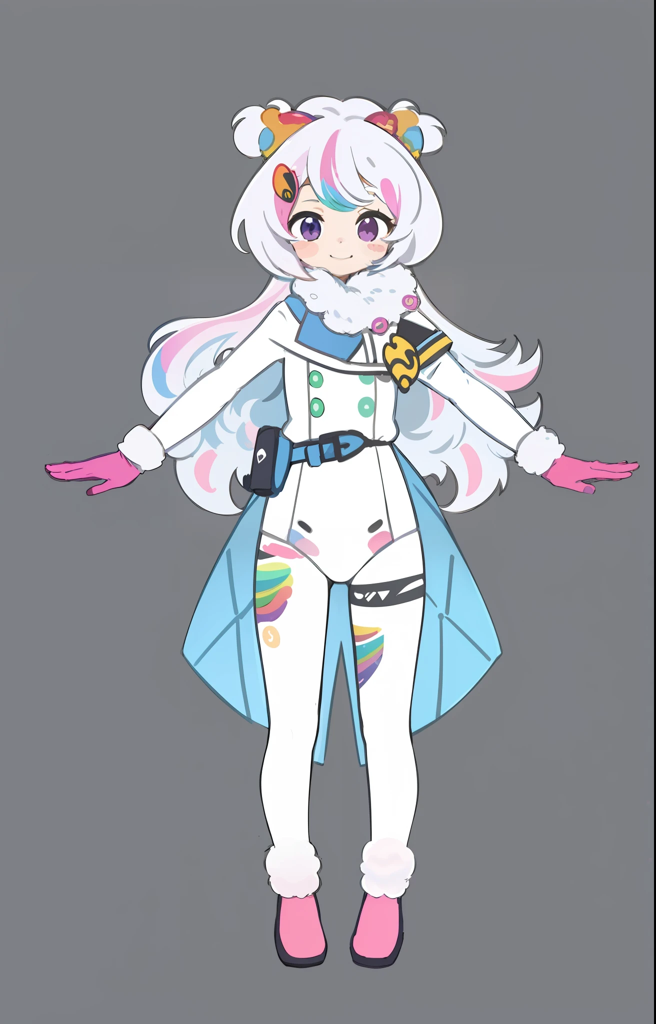 rainbow color pick dye, EVA white tights, pink fluff shoes, pink gloves, clothing graffiti, setting drawing, smile, blue transparent cape, black belt pack, tights, close-fitting, , rainbow-colored energy body in clothes, cute graffiti stickers on clothing,