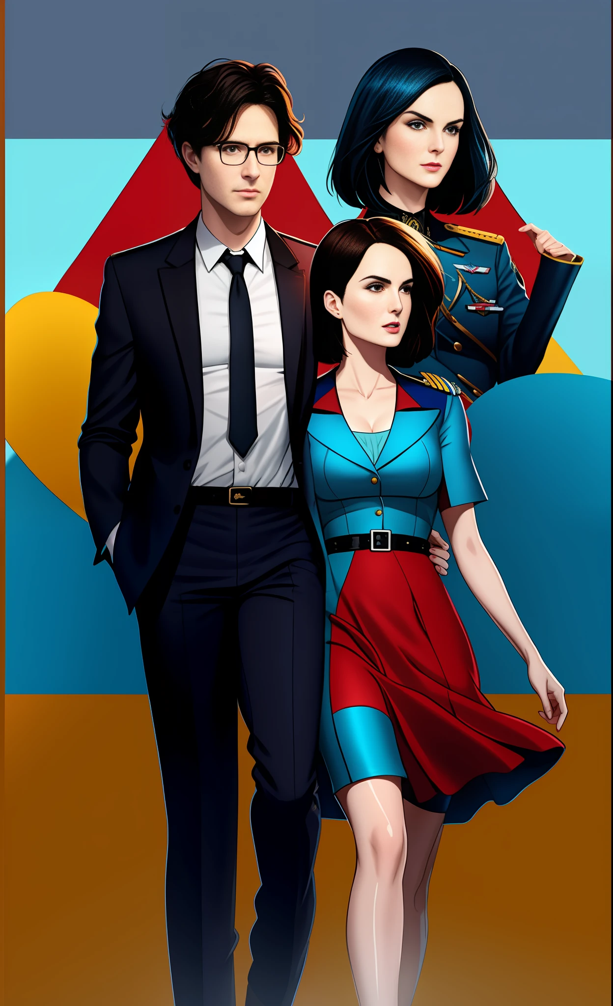 Michelle Dockery in a straight blue and red dress with dark hair with a bob haircut, Jason Butler Harner as a pilot in glasses with dark hair, a white shirt, a black jacket with yellow pilot stripes on the sleeves, a badge in the form of wings on the jacket, in black pants, background - turquoise, 2D style,