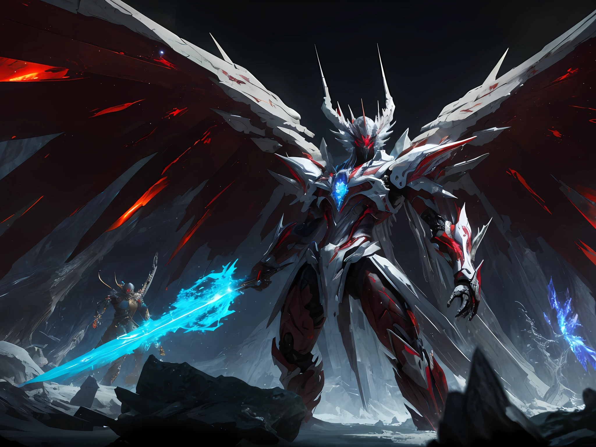((Masterpiece)), (Best Quality)), 8k, High Detail, Ultra Detailed, Extremely Detailed CG Unity 8k wallpaper, 1 mecha boy, {white bone|rainbow|ice crystal|blood demon|phantom dragon|thunder} armor, red eyes, sci-fi, war, conflict, movie grandeur, weapon, fully armed, (floating color {wind|water magic|ink|crystal|fire|ice|flame|lightning|network|rock|sand|particles|spark|blood}:1)