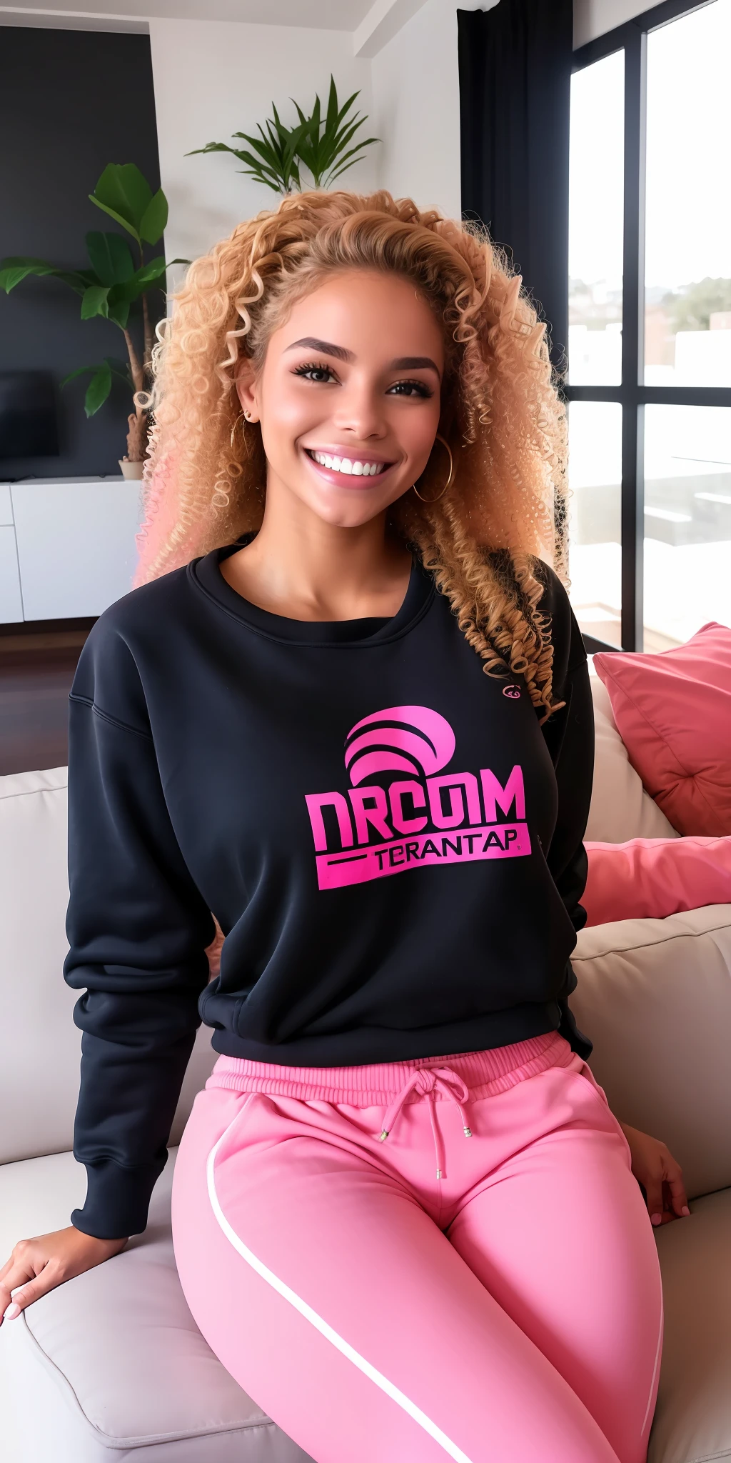 20 year old Brazilian blonde woman, smiling, (beautiful smile), (curly hair) beautiful gym body (gym body), (pink sweatshirt), with black pants (suplex pants), sitting on the living room sofa, real photo, masterpiece, perfect photo, (modern camera) (surreal photo) (8k), (ultra realistic) (real face) (professional photo) (detailed face) (richly detailed sweatshirt) (brazilian room)
