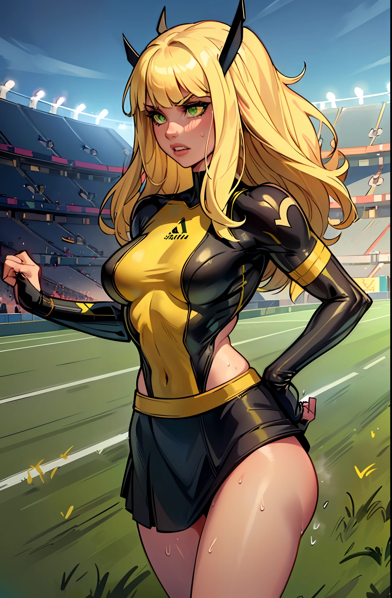 1girl (magik), close up, masterpiece, green eyes, long blonde hair with bangs, breasts, strong toned body, yellow and black sports clothes showing shoulders, highres, (skirt), looking at the viewer, solo, medium breasts, dark background, (thighs), running on an athletics field, sweat, detailed athletics track, sunny day, comic book style