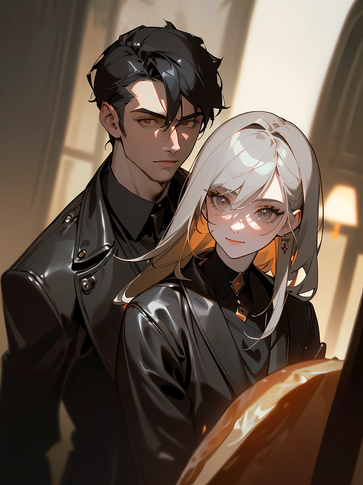 Masterpiece, Superb Clothing, (Trendy Clothing), (Illustration), ((2 People)), ((Handsome Young Couple), (Russian Mill Style), Fashion, Leather, (Happy), (Dark Circles), Handsome, Bar, Toast, Trendy, Dark Gray, Close-up, (Chiaroscuro)), Fine Facial Detail, Facial Detail, Cinematic Lighting, (Depth of Field), UHD, (Upper Body), Shiny Background Appearance