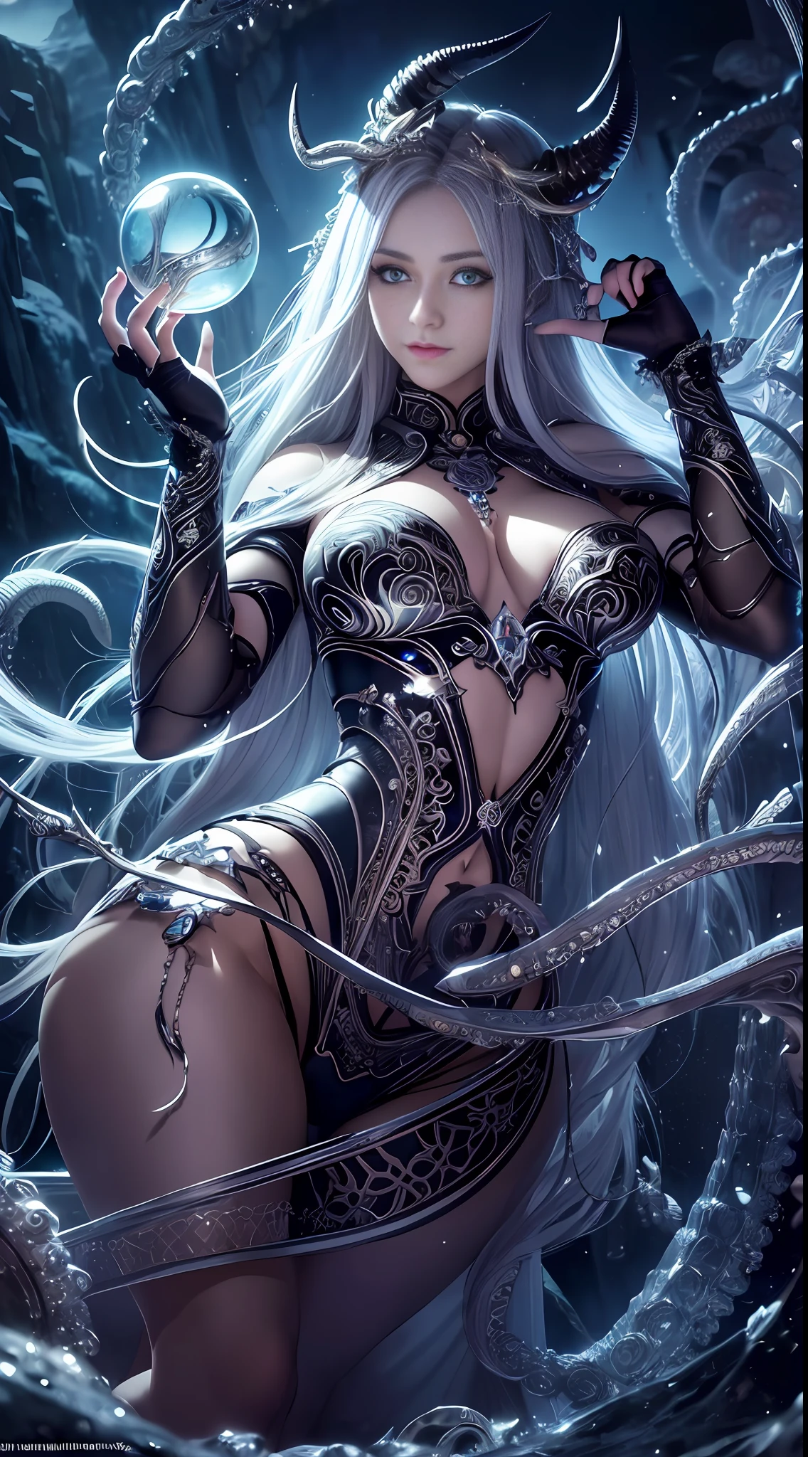 glowing eyes,(zentangle, mandala, tangle, entangle),(1girl:1.3),cowboy shot,from below,{Best Quality},{{Masterpiece}},{High Resolution},Original,Extremely Detailed 8K Wallpaper,{Extremely Delicate and Beautiful},ancient dark Style,White Hair,evil Smile,Heterochromatic Blue Eyes,Serious,Mecha Combat Suit,Holding crystal ball,(((masterpiece))),(((best quality))),((ultra-detailed)),(illustration),(detailed light),((an extremely delicate and beautiful)),dramatic_shadow,ray_tracing,shiny skin,large breasts,muscular female,abs,wide hips,full armor,mountain,snow,thick thighs,gothic,sitting on throne,cute face,gold trim,pretty female,spread legs,((masterpiece)), ((best quality)), ((official art)), (extremely detailed CG unity 8k wallpaper), ((highly detailed)), ((illustration)),{{realistic}},ocean cave, cthulhu, octopus,black wings,chest,muscle,horns,guro,dark,night,bust,monster,blue eyes, open mouth,big eyes,