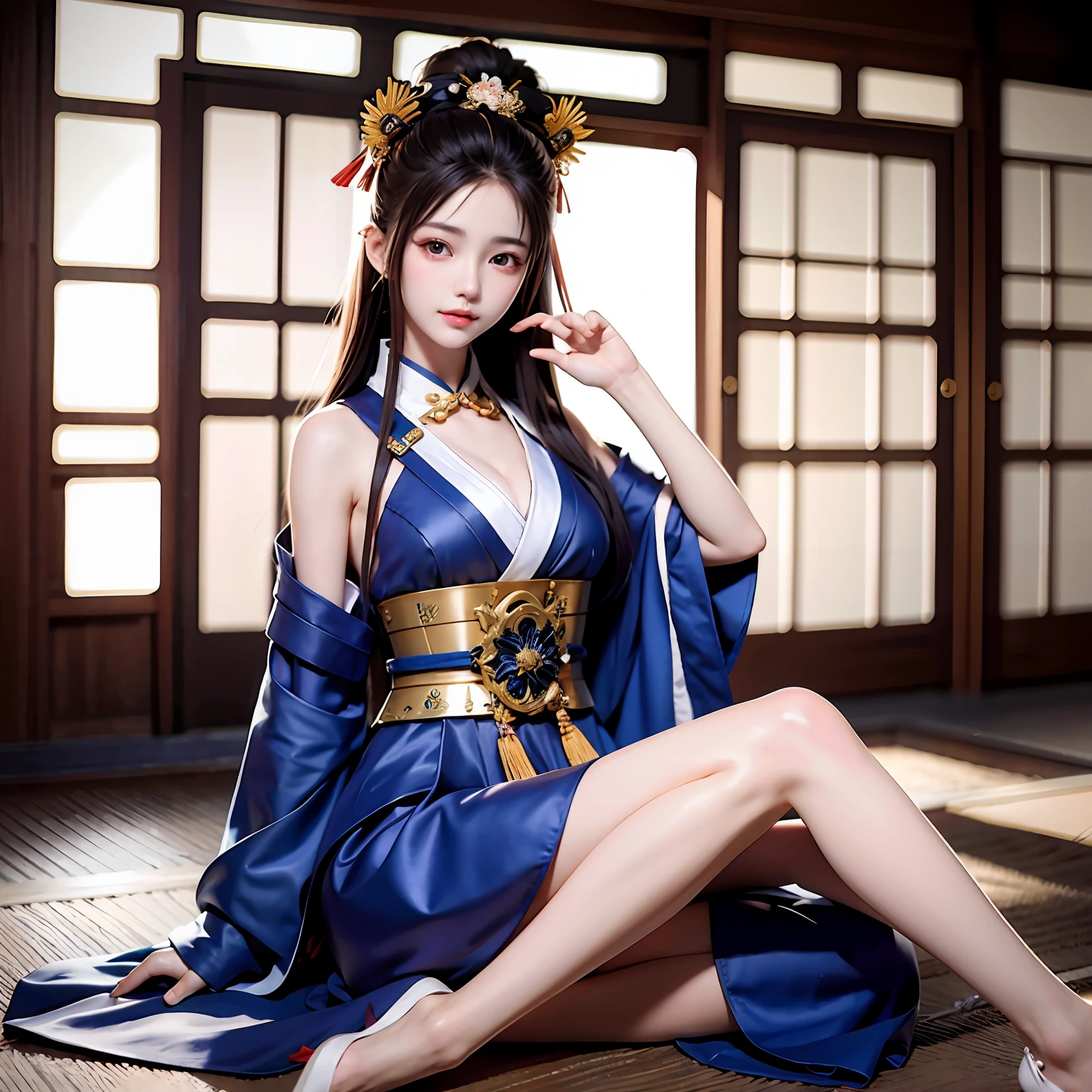 A arafed asian samurai woman with a samurai mask , gorgeous sitting pose with a sward, half chest and leg showing, a picture by Jason Chan, tumblr, shin hanga, beautiful asian girl, japanese model, beautiful body and face, attractive body, beautiful asian woman, sexy girl, gorgeous young korean woman, perfect body, sexy body, sexy body and face, korean girl, beautiful body, beautiful model girl