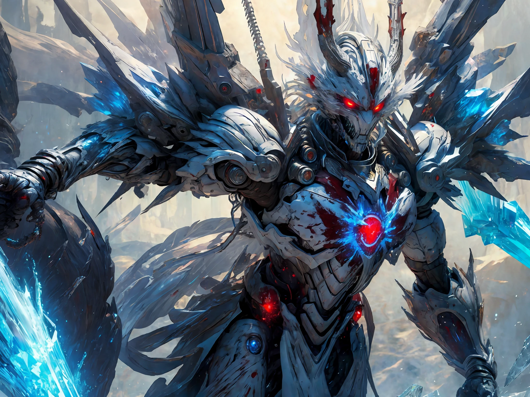 ((Masterpiece)), (Best Quality)), 8k, High Detail, Ultra Detailed, Extremely Detailed CG Unity 8k Wallpaper, 1 Mecha Boy, (Solo Exhibition: 1.2), {White Bone|Silver Smelt|Ice Crystal|Blood Demon|Phantom Dragon|Thunder} Armor, Red Eyes, Sci-Fi, War, Conflict, Movie Magnificence, (Weapons: 1), Fully Armed, (Floating {Wind|Water Magic|Ink|Crystal|Fire|Ice|Flame|Lightning|Network|Rock|Sand|Particles|Spark|Blood}:1.2)