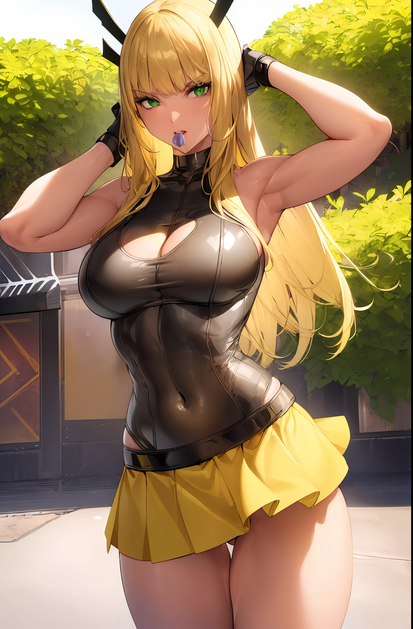 1girl (magik), absurd, close up, masterpiece, green eyes, long blonde hair with bangs, breasts, strong toned body, yellow and black bikini showing shoulders, highres, (skirt), looking at the viewer, solo, medium breasts, dark background, (thighs), having popsicle in the street, sunny day, detailed city background