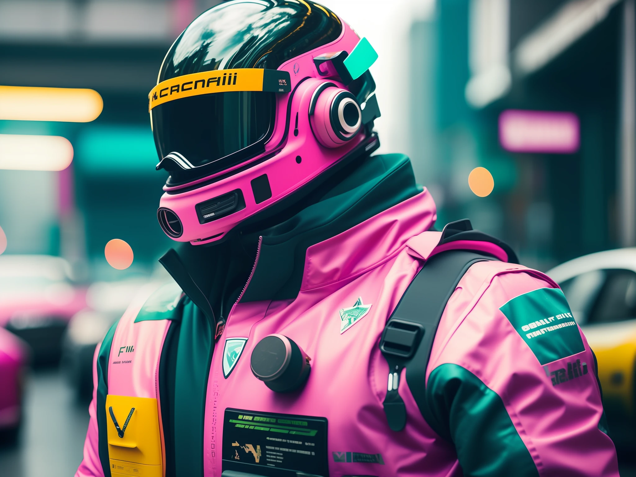 fking_scifi_v2, photo of a pink ((Ferrari:F1:1.5):0.65) car, Cyberpunk theme, Emerald armour plating, Intricate, with orange accents, High Detail, Sharp focus, dramatic