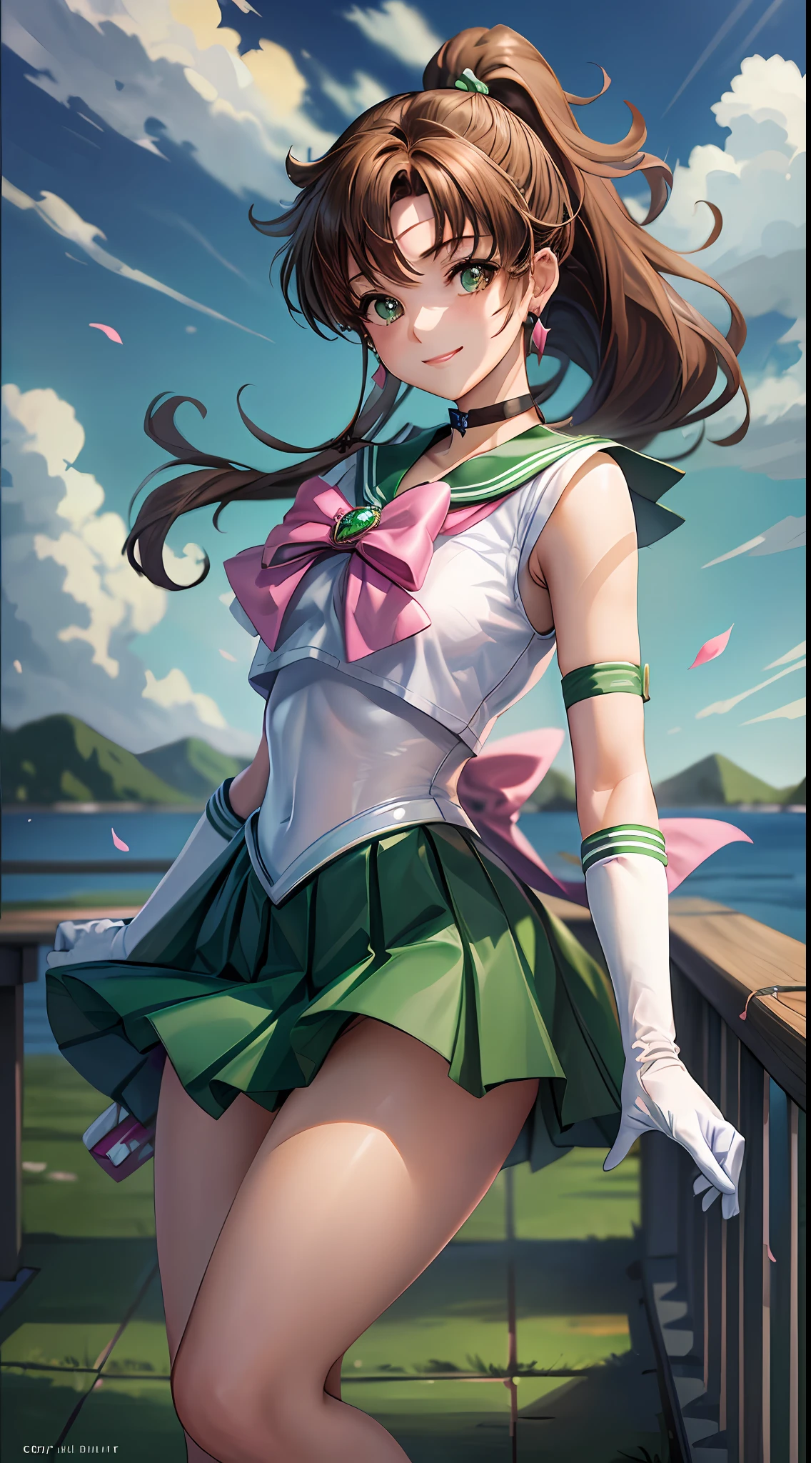 Masterpiece, Best Quality, High Resolution, 1girl, Solo, Sailor Jupiter, (Hair Fluttering), (Single Ponytail)), Elbow Gloves, Headgear, Green Pleated Skirt, Pink Bow, (Green Sailor Collar), Brown Hair, White Glove, Jewelry, Earrings, Smile, Background Meadow, Blue Sky and White Clouds, Sea, Front, Full Body