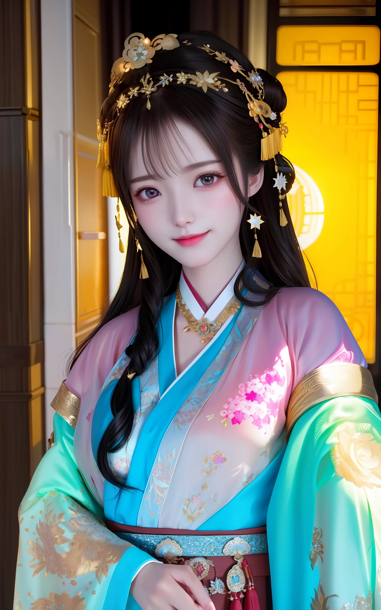 best quality, masterpiece, highres, 1girl,blush,(seductive smile:0.8),star-shaped pupils,china hanfu,hair ornament,necklace, jewelry,Beautiful face,upon_body, tyndall effect,photorealistic, dark studio, rim lighting, two tone lighting,(high detailed skin:1.2), 8k uhd, dslr, soft lighting, high quality, volumetric lighting, candid, Photograph, high resolution, 4k, 8k, Bokeh