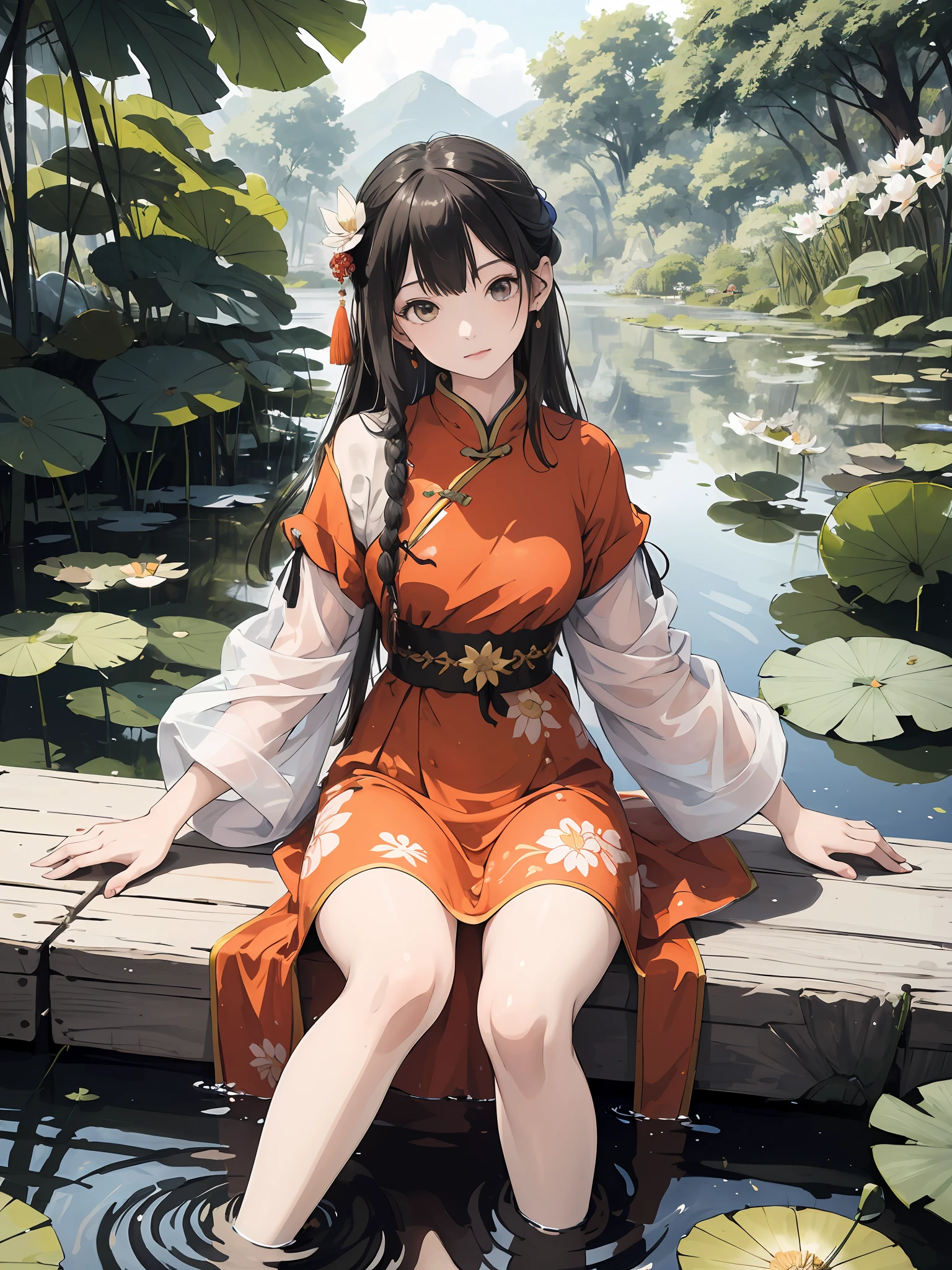 absurdres, highres, ultra detailed, (1girl:1.3), hand drawn, simple line, girl in colorful Chinese dress, beautiful girl, at the lotus pond, masterpiece, sitting in water, floating clothes, floating hair