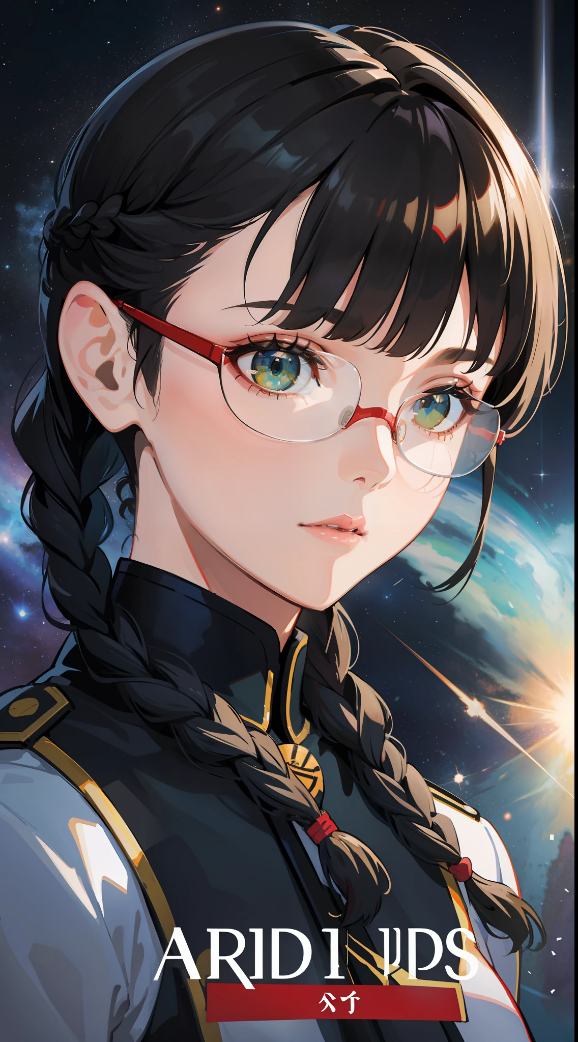 Movie Poster,((Braid Hairstyle : 1.5)),Anime Reference 86 ,Science Fiction,Sci-Fi,Movies,War Action Movies,Space,Atmosphere,Sky,Battleship,Multiple Characters,Women,Adults,Green Eyes,Black Hair,(Pia bangs hairstyle) : 1.8 ),(Red Glasses),General Uniform,White Commander Uniform,Realistic Face Details,Realism,3D Face,