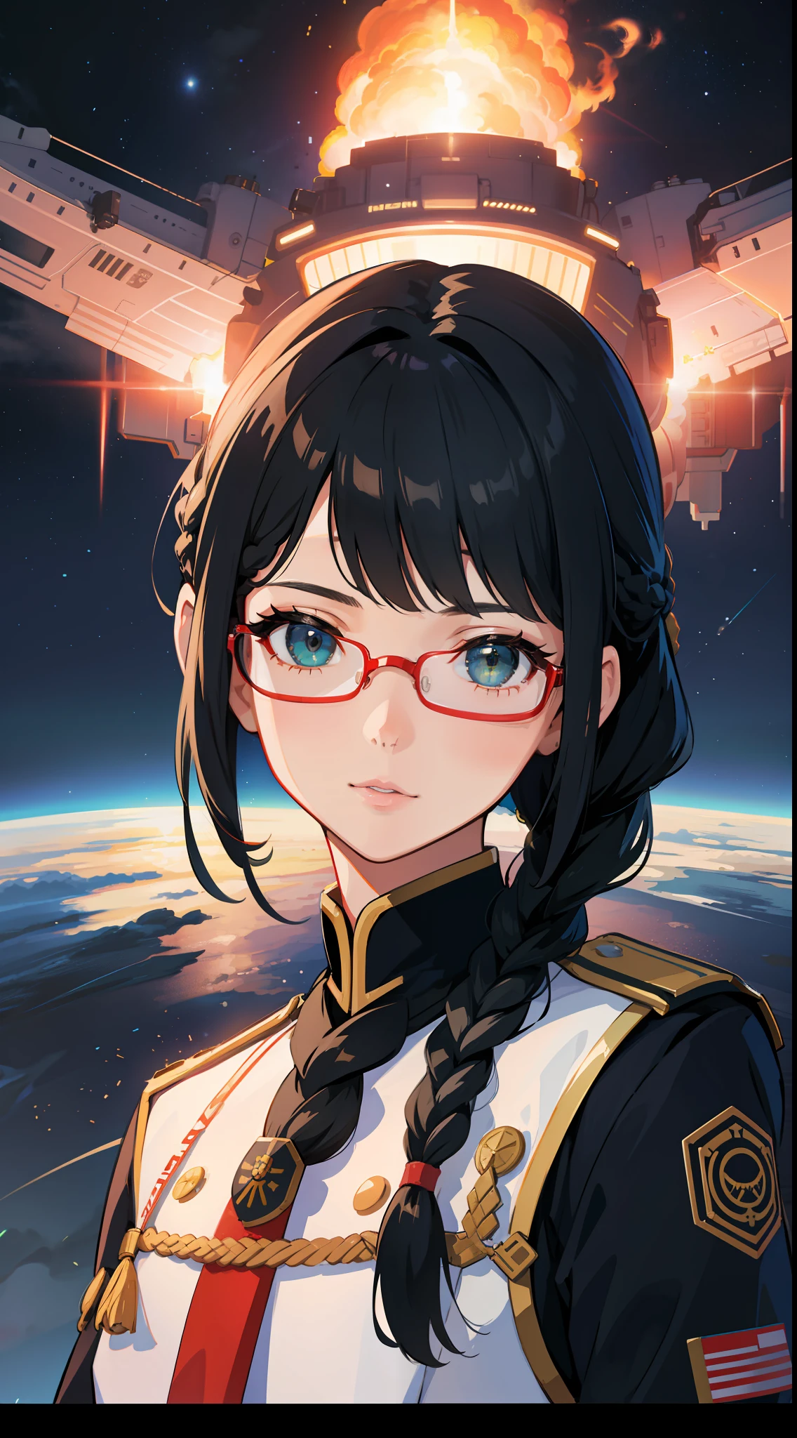 Movie Poster,((Braid Hairstyle : 1.5)),Anime Reference 86 ,Science Fiction,Sci-Fi,Movies,War Action Movies,Space,Atmosphere,Sky,Battleship,Multiple Characters,Women,Adults,Green Eyes,Black Hair,(Pia bangs hairstyle) : 1.8 ),(Red Glasses),General Uniform,White Commander Uniform,Realistic Face Details,Realism,3D Face,