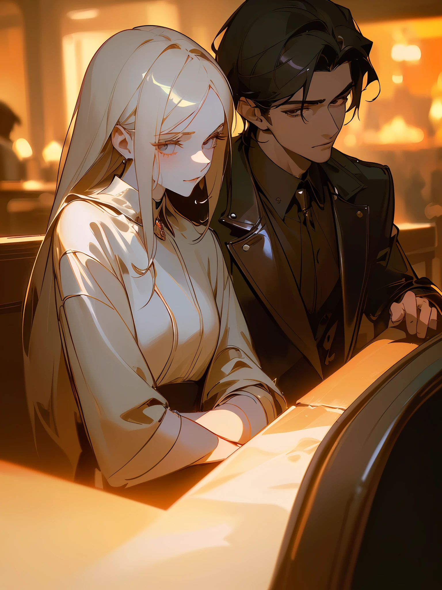 Masterpiece, Superb (Trendy Clothing), (Illustration), ((2 People)), ((Handsome Young Couple), (Russian Mill Style), Fashion, Leather, (Happy), (White Skin), (Dark Circles), Handsome, Bar, Toast, Trend, Close-up, , (Chiaroscuro)), Fine Face Detail, Facial Detail, Cinematic Lighting, (Depth of Field), UHD, (Upper Body), Bar Background