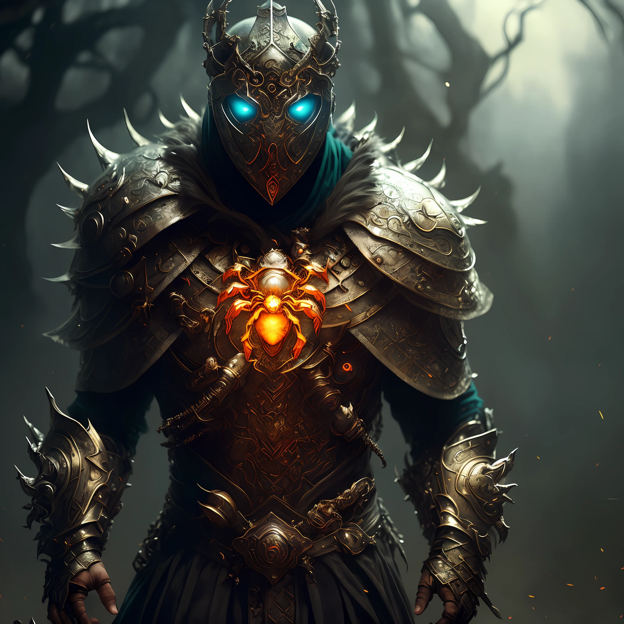 Sitting on the throne, King of the Dead wearing a crown of bones, black mesh robe, spider web, spider on armor, black blade in hand, fantasy, dramatic photo, motion photo, full body view, model pose, blurred background, very detailed, surreal, 8k, (reality:1.3), poster, intricate details, painting\(artwork\), ((masterpiece, best quality)), ((cinematic light)), hyperrealistic, fearsome, dark fantasy \(style\), detailed armor, detailed spider helmet, spider head, eight hands, eight eyes, terrible, scary, ugly, mutations, mouth on the stomach, (dark shot:1.17), epic realistic, faded, ((neutral color), art, (HDR: 1.5), (Pastel Colors: 1.2), Ultra Detailed, (ArtStation: 1.5), Cinematic, Warm Light, Dramatic Light, (Complex Detail: 1.1), Complex Background, (Rutkowski: 0.8), (Teal and Orange: 0.4)
