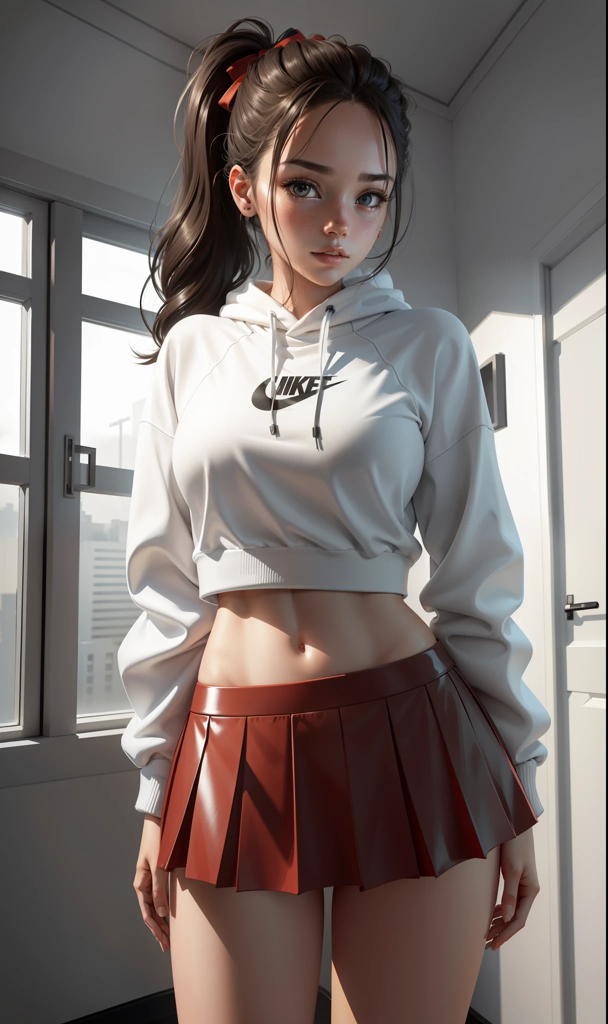 A hyper-realistic portrait of a girl, render complex ultra detailed 3d, 1girl, (nsfw), looking at the viewer, 18 years old, brown ponytail, wet hair, tied with red bows, (smooth latex miniskirt aside: 1.2), pure and real human skin, wearing nike-style sweatshirt of white color with black, vibrant details, hyper-realistic, beautiful background (room: 1.2), octane rendering, 9k, best quality,