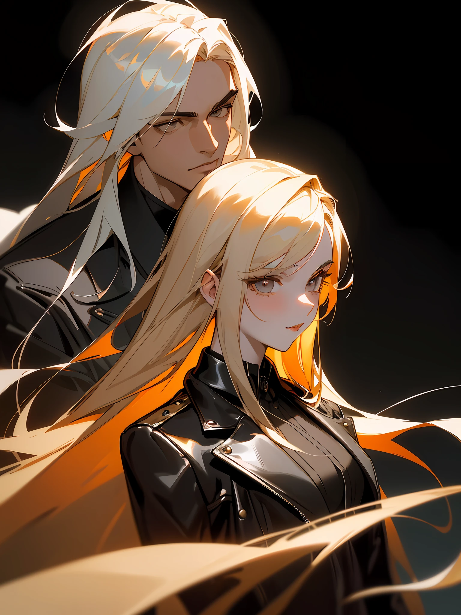 Masterpiece, Superb Clothing, (Trendy Clothing), (Illustration), ((2 People)), ((Handsome Young Couple), (Russian Mill Style), Fashion, Leather Jacket, (Long Hair), (Happy), (White Skin), (Dark Circles), Handsome, Bar, Shiny, Toast, Trend, Dark Gray,, Close Up, (Grand Background), (Chiaroscuro)), Fine Face Detail, Facial Detail, Cinematic Lighting, (Depth of Field), UHD, (Upper Body), Black Background