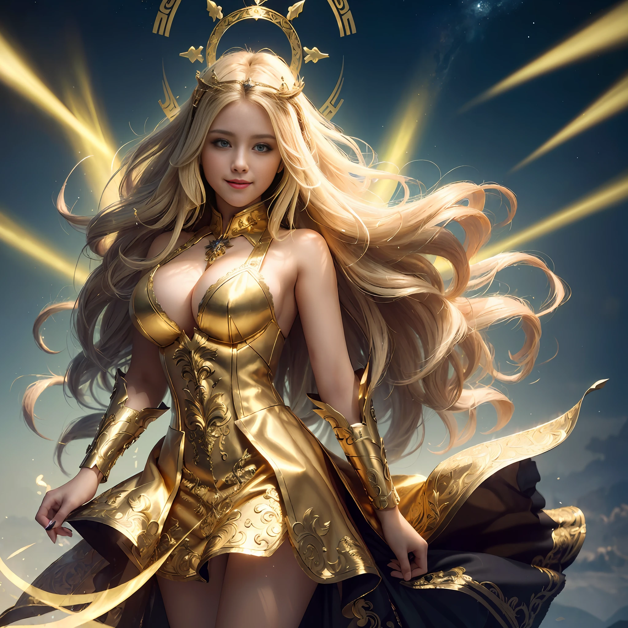 (masterpiece, best quality, 8k, insane details, intricate details, hyperdetailed, hyper quality, high detail, half body), 1girl, blond long hair, intricate magician golden dress , large breast, smiling at the camera, complex background, holy and darkness blend effect, holy breeze, darkness breeze, stunning effect, halo, holy light from the sky effect